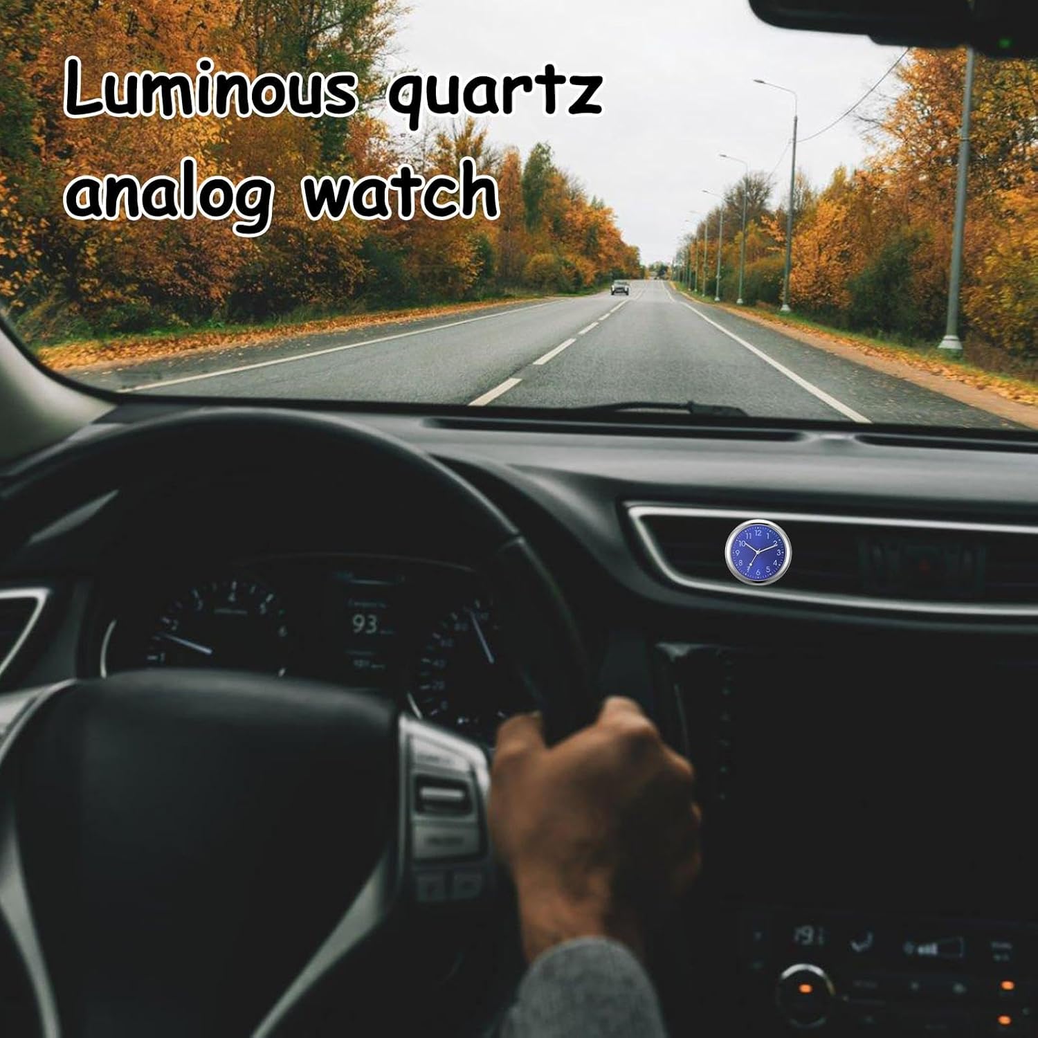 Luminous quartz analog watch on a car dashboard with text overlay