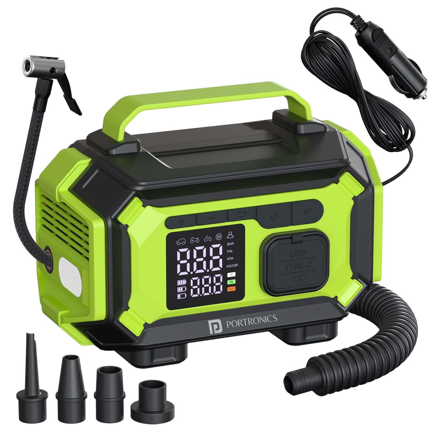 Portronics Vayu Air Pro 5-in-1 Portable Tyre Inflator, Green - Image 1