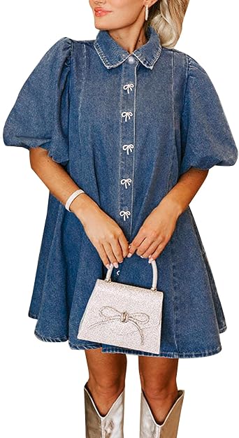 LifeShe Womens Blue Denim Babydoll Mini Dress with Puff Sleeves, Lapel Collar & Diamond Bow Decor