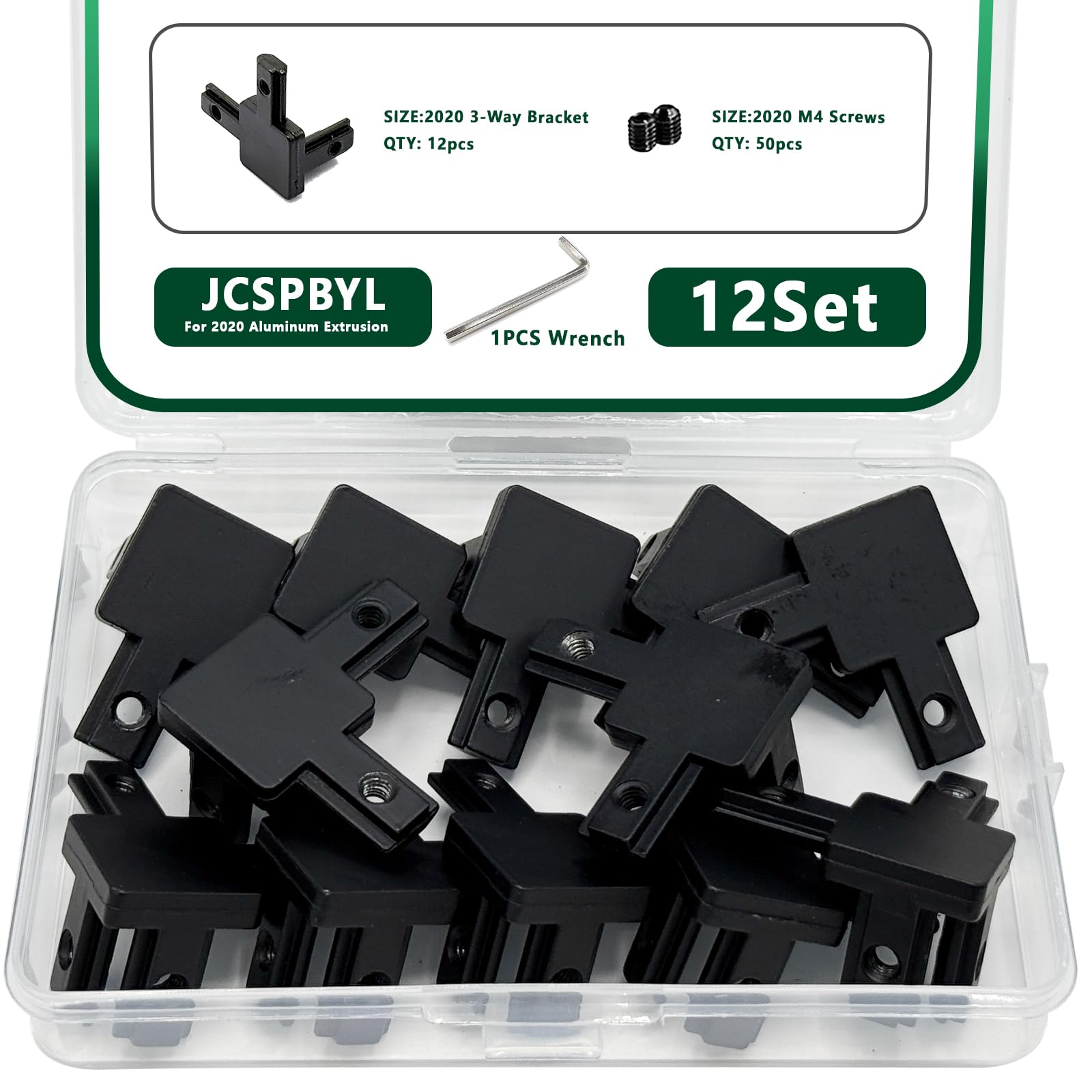 12Sets 2020 Aluminum Extrusion Hardware Accessories with Screws&amp;Wrench, 12Pcs Black 3-Way Bracket with 50Pcs Set Screws for 2020 V T Slot Rail Aluminum Extrusion Profile