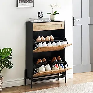GAOMON Natural Rattan 2 Flip Down with 1 Drawer Free-Standing Shoe Rack, Shoe Cabinet Wood Organizer Freestanding with 3-Tier Adjustable Shelves for Entryway Hallway Doorway, Black