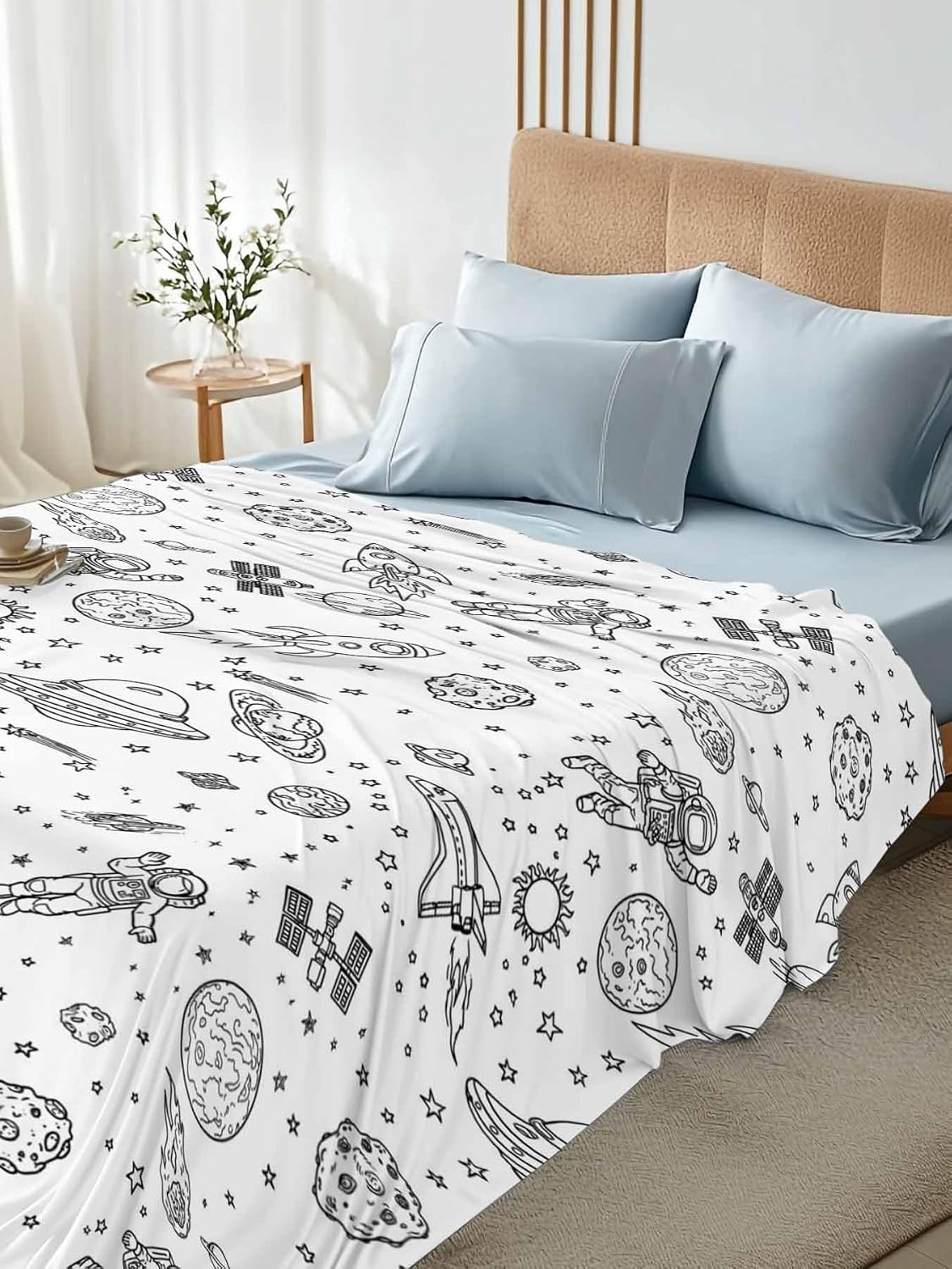 Full Flat Sheet, Cartoon Space Full Bed Sheets Only, Soft Microfiber Flat Sheet, Spacecraft Rocket Meteorite Star Cute Hotel Quality Bedding Top Sheet Bedroom Home Dorm Decor