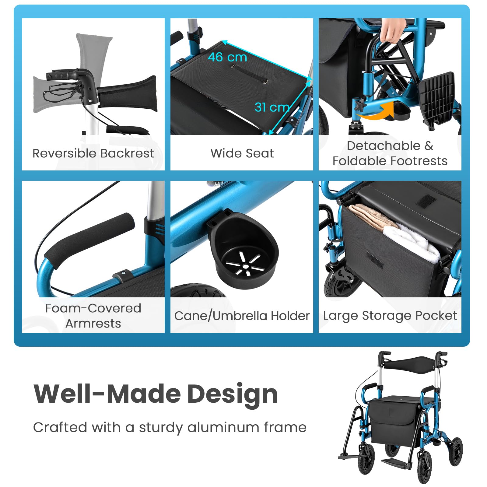 HOMASIS Andador para Ancianos Plegable con 4 Rudas, Caminador Exterior para Idosos con 6 Reposabrazos regulables, Andadores para Adultos, Personas Mayores (azul)