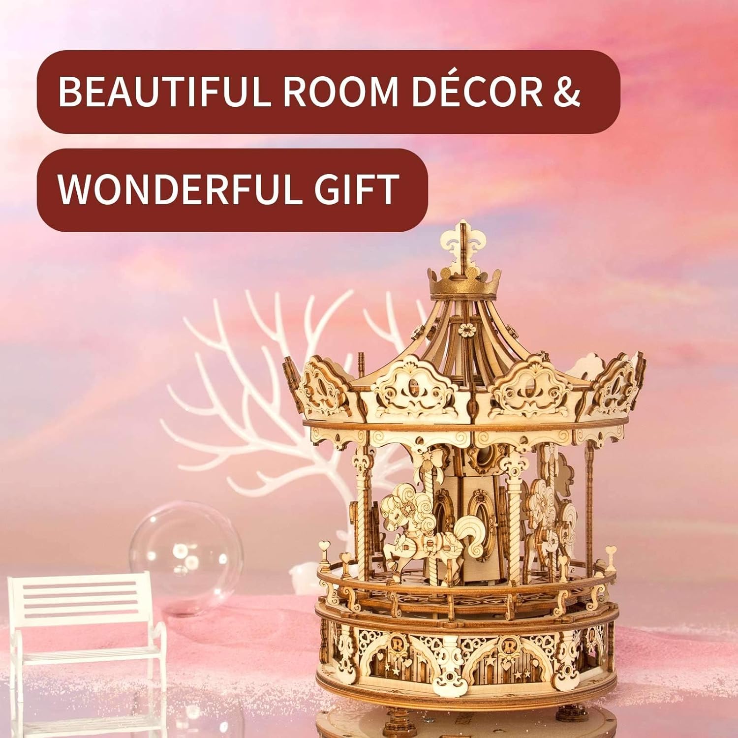 Rowood Music Box 3D Puzzles for Adults, Mechanical DIY Wooden Toys, Gifts on Birthday/Valentine's Day/Christmas - Romantic Carousel