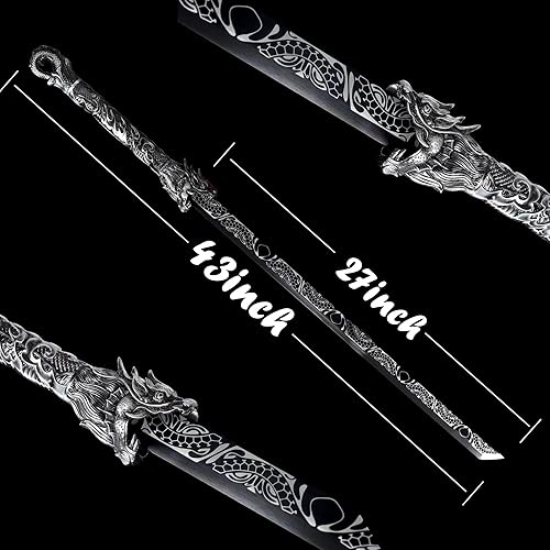 Miniatura 6 de SJ SHI JIAN Espada china dinastía Tang 1096 hoja de acero al carbono 1096, espadas rectas afiladas Katana recta patrón Darogon funda para