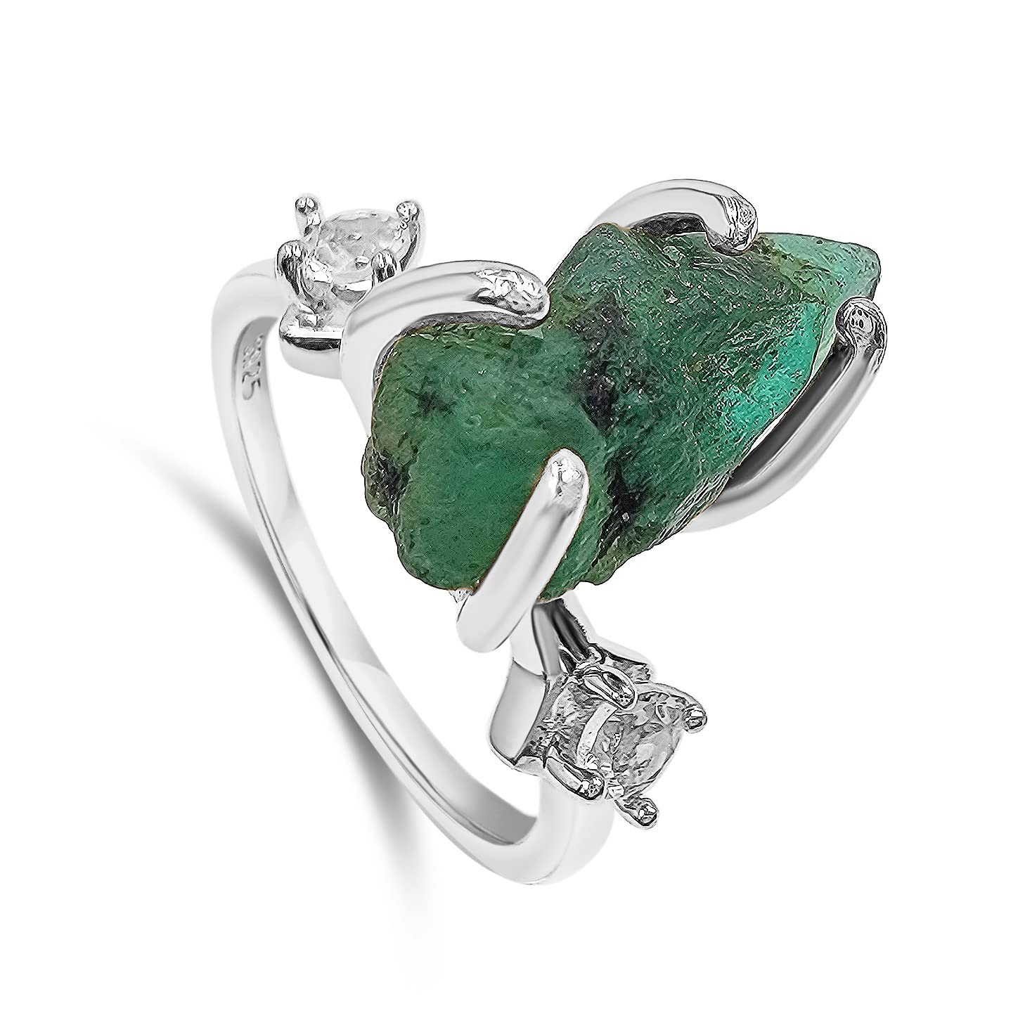 Real Raw Crystal Ring Birthstone sterling silver White Gold statement Jewelry gift for her Christmas Mothers Day Birthday Valentine Statement Ring Gift Uniquelan Jewelry (emerald-Zambia, 8)
