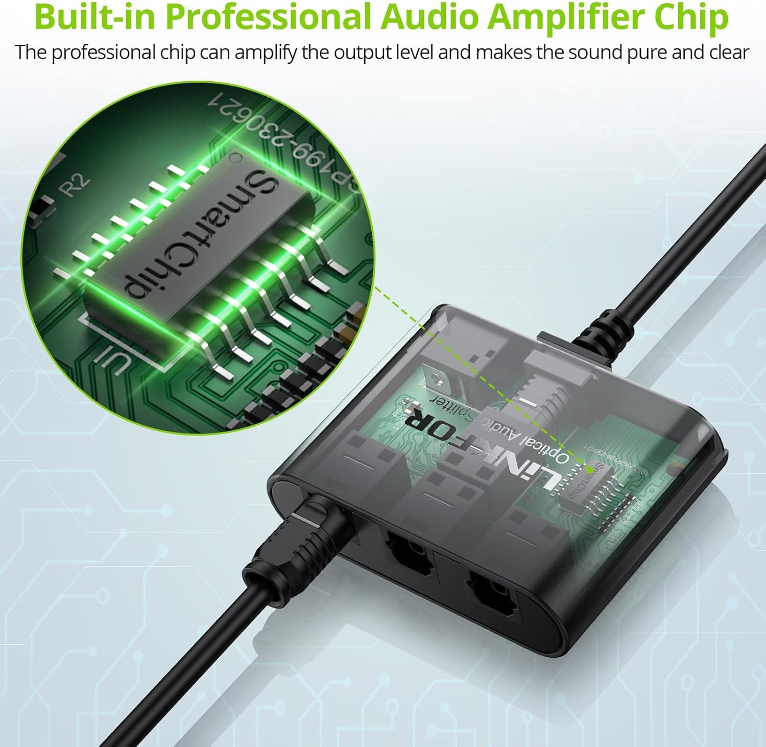 عن قرب view من المكونات الداخلية لمقسم LiNKFOR البصري، مع تسليط الضوء على الصوت الاحترافي المدمج ampشريحة مكبر الصوت.