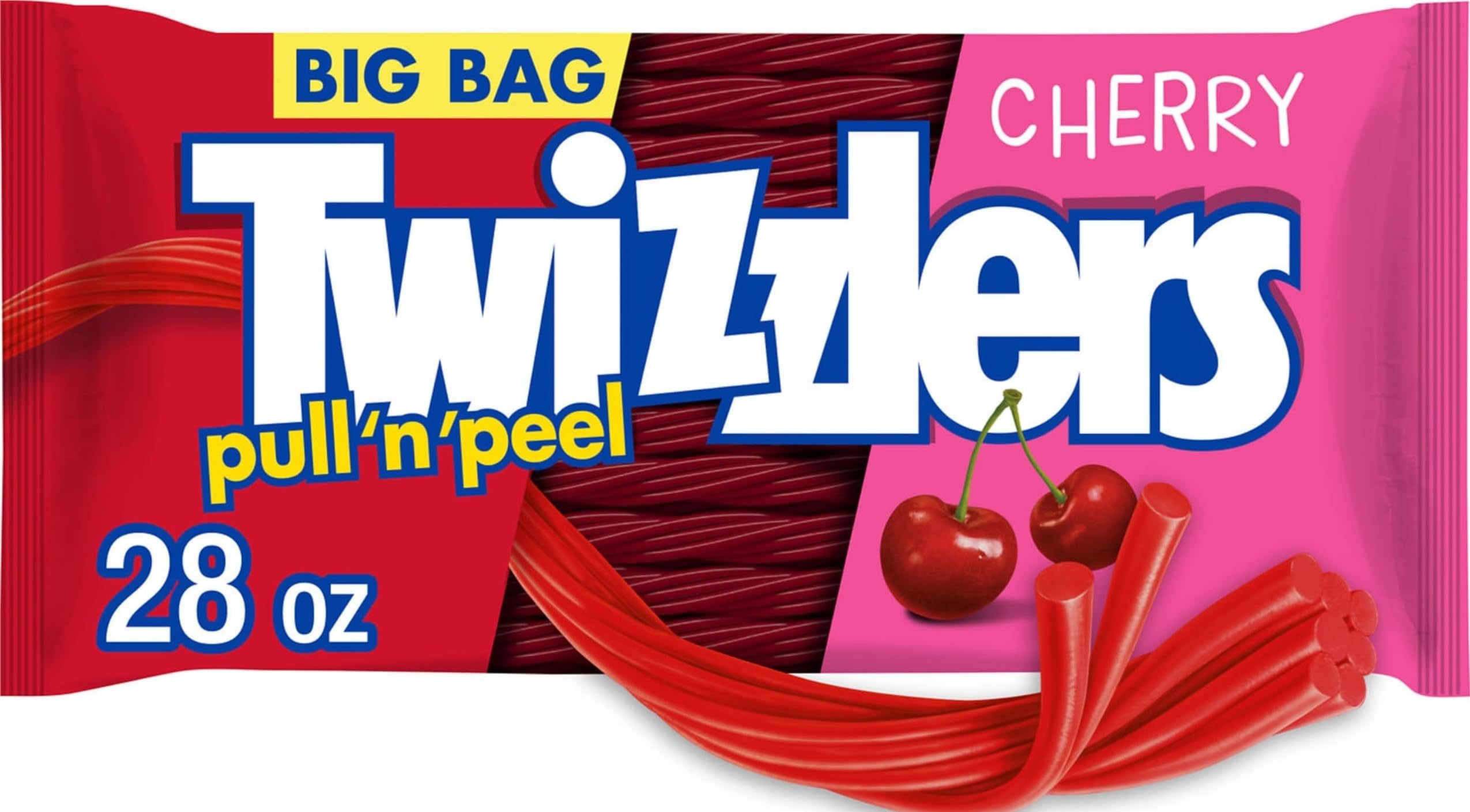 HERSHEY'S TWIZZLERS PULL 'N' PEEL Cherry Flavored Licorice Style, Low Fat Candy Big Bag, 28 oz