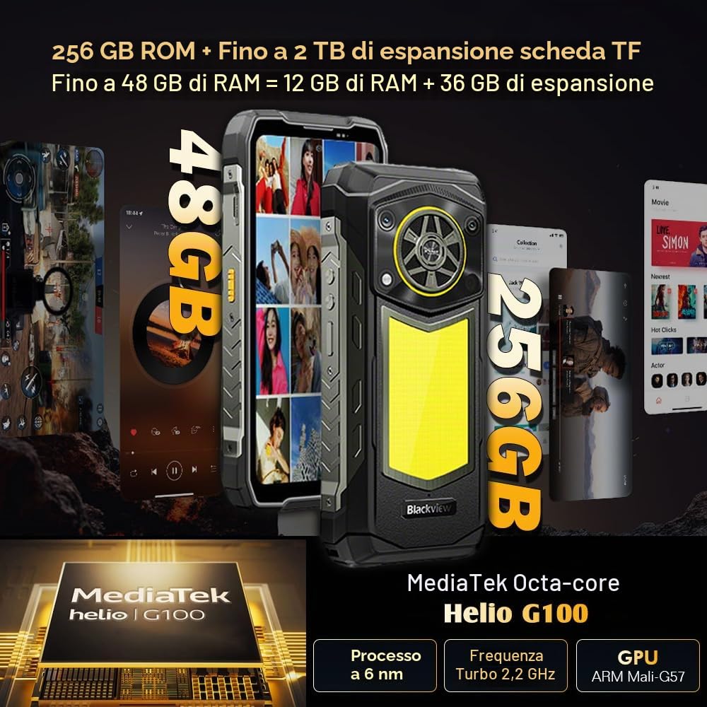 Blackview ROCK 5 Rugged Smartphone 5W HiFi Altoparlante, 48GB+256GB AI Telefono Android 16, 6.78" FHD+ 120Hz, 20000mAh, Lampada Campeggio 350lm, 108MP+50MP, 4G Telefono Indistruttibile, NFC/OTG/GPS