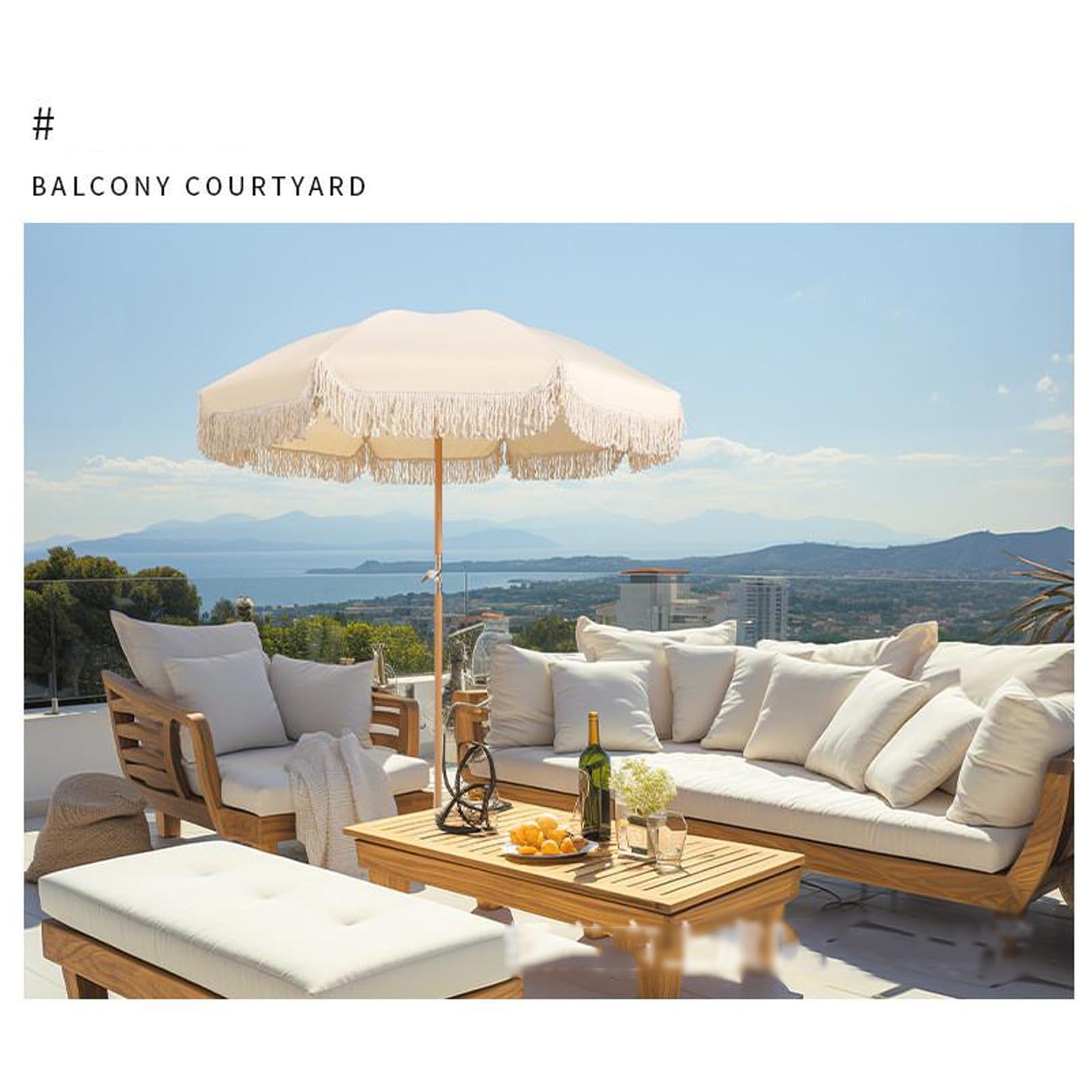 Boho Sonnenschirm Mit Fransen ,Fransen Strand Sonnenschirm,Faltbarer Strandschirm, Sonnenschirm Strand mit Fransen Elegant Rund Garten Balkon Terrasse ,Mit Neigung ( Color : White , Size : 200*215cm/5