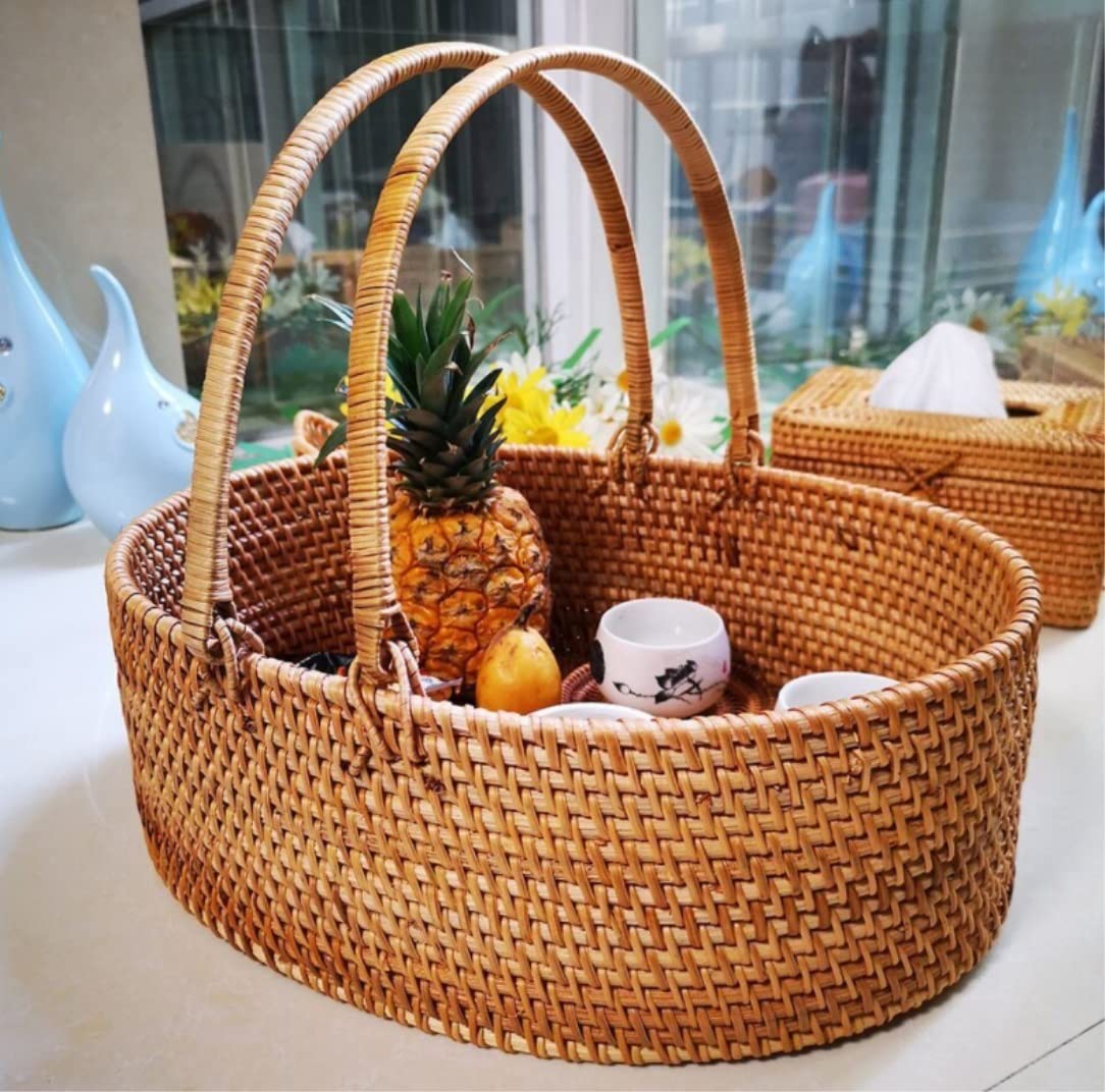 Dekoracja Kuchenna Kosz Rattanowy Przenośny Piknikowy Rozmaitości Do Przechowywania Na Biurko Idylliczny Pojemnik Żywność Imprezy Plenerowe(32 * 28 * 13cm)