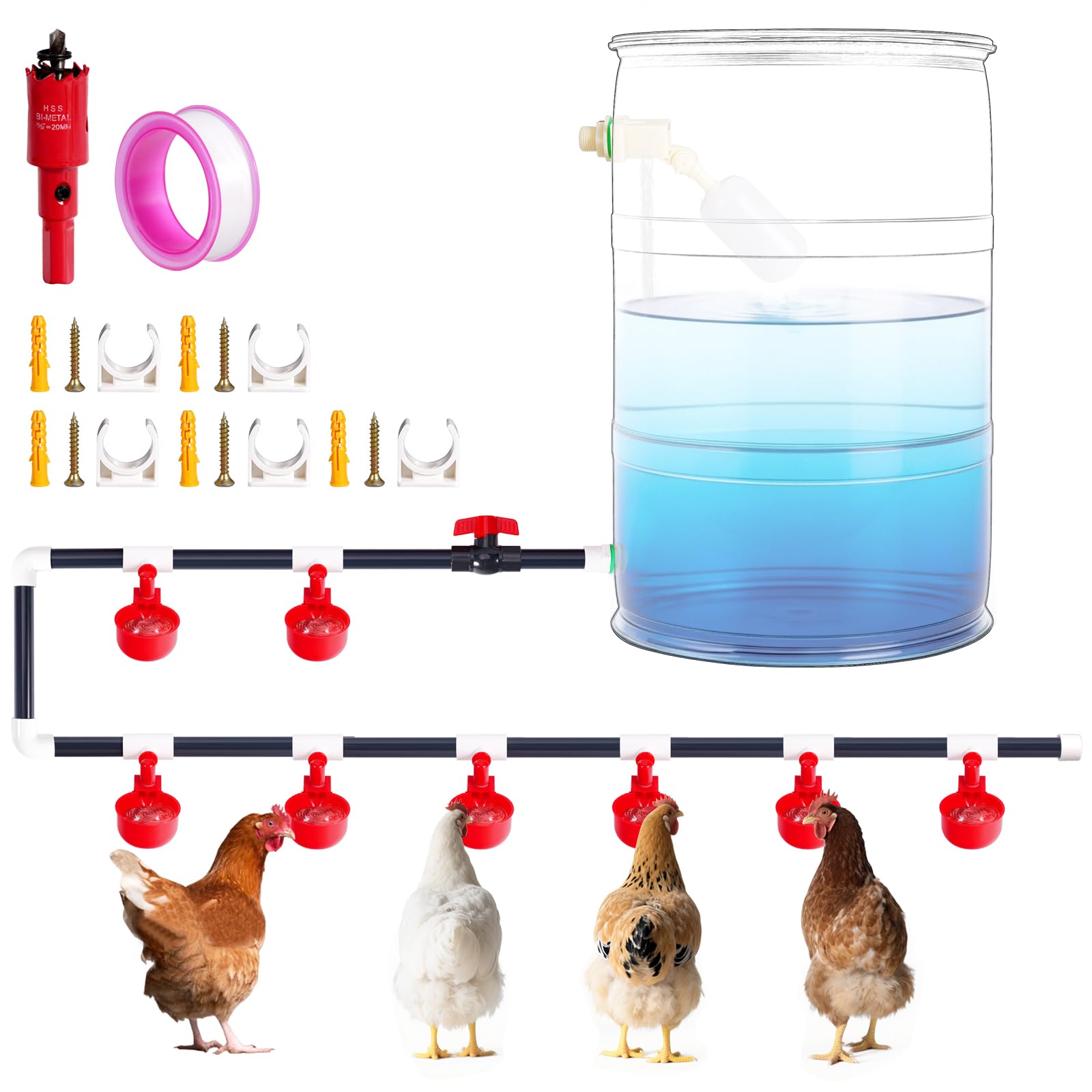 Bebedero AutomáTico para Pollos, Bebedero para Pollos de PVC ccon Piezas en T y Tubo de PVC, Regulador de PresióN para El Agua de AlimentacióN de Aves de Corral
