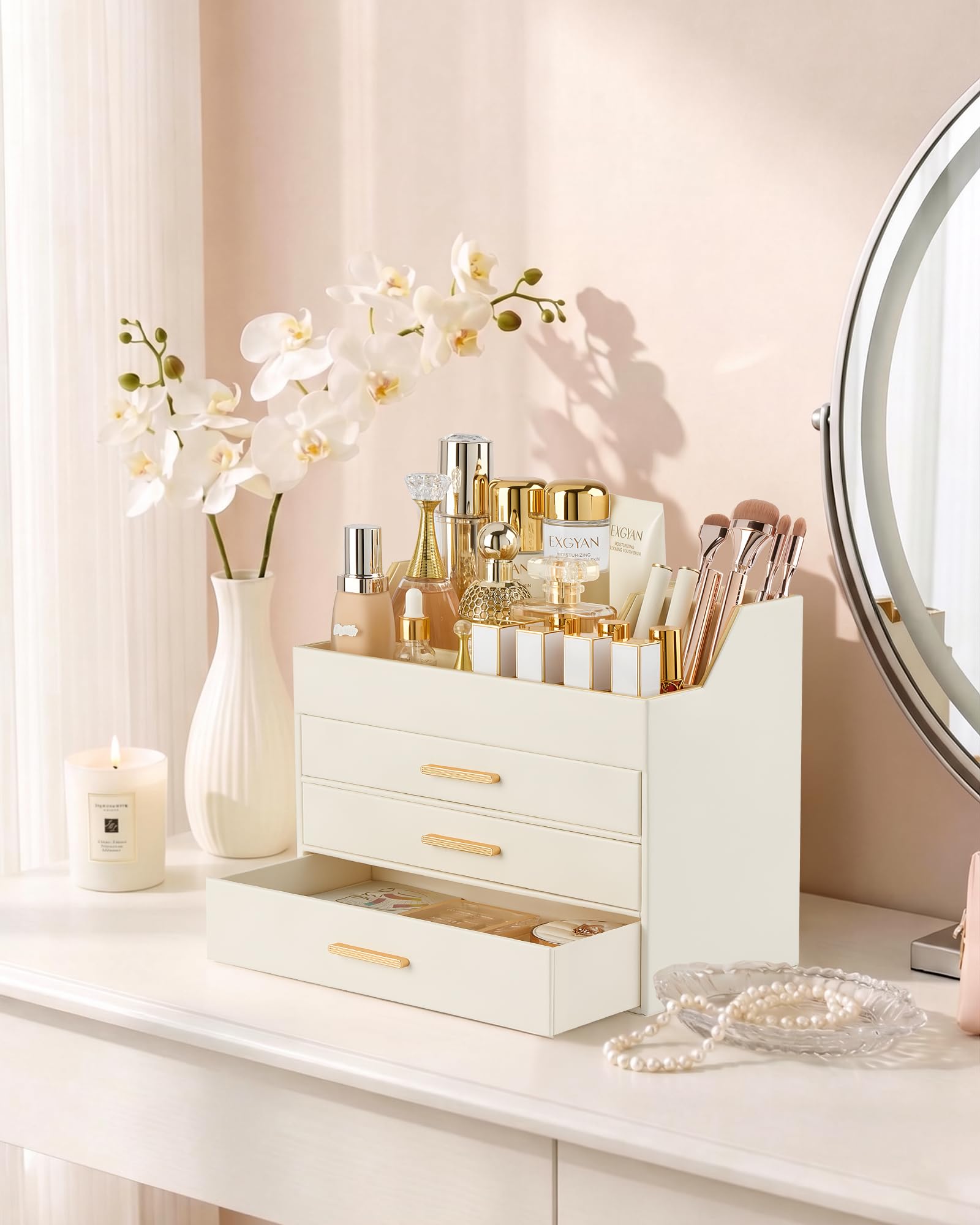 Lolalet PU Leather Makeup Organizer for Vanity Desk