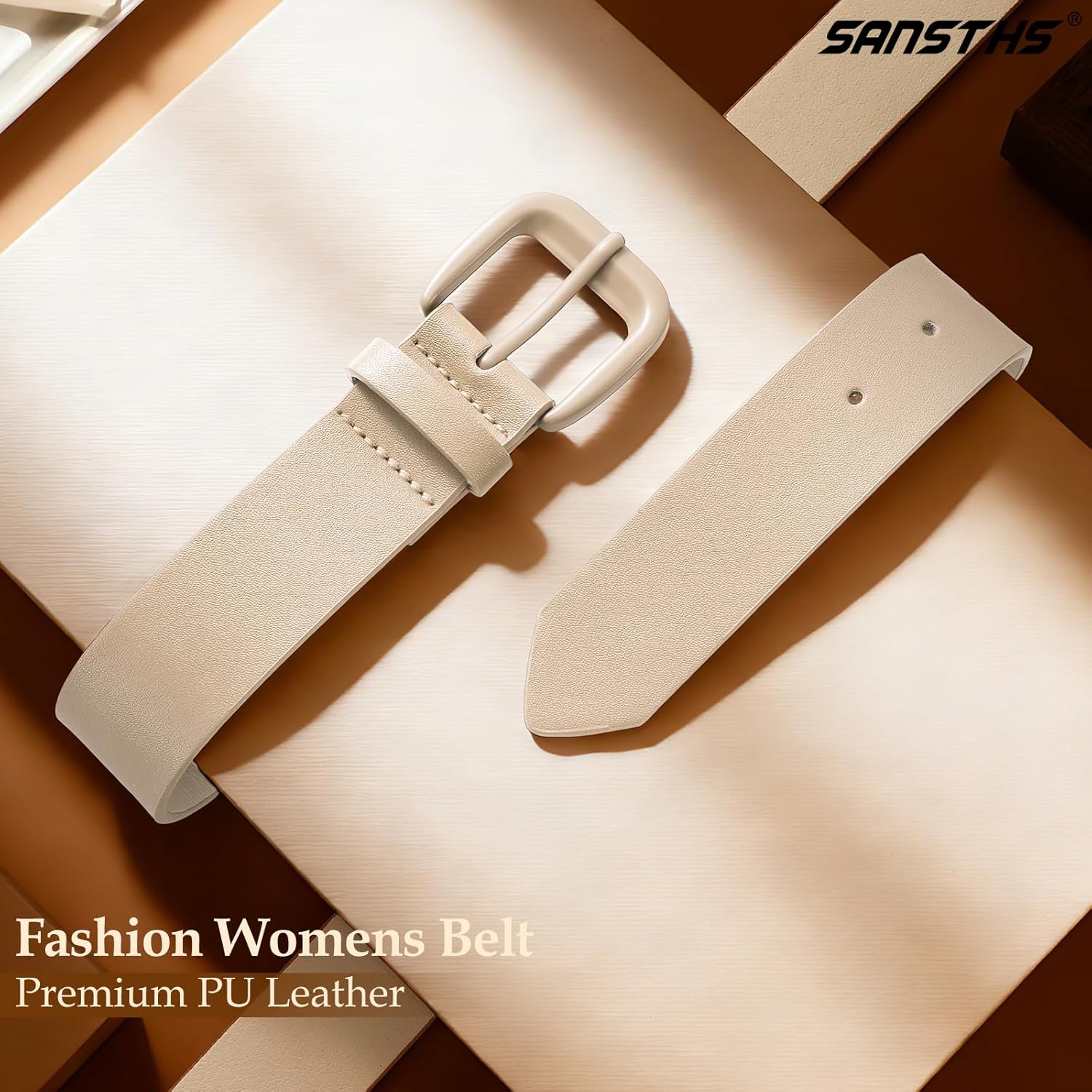 SANSTHS Womens Belt with Same Color Square Buckle, 9 Hole Adjustable Flexible PU Leather Belt for Women Jeans Pants Dresses - Image 2