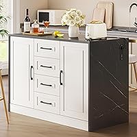 ONBRILL 47.3" Black Marble Kitchen Island with 2 Cabinets, 4 Drawers & Power Outlet - Storage Cart for Kitchen, Dining, Living Room