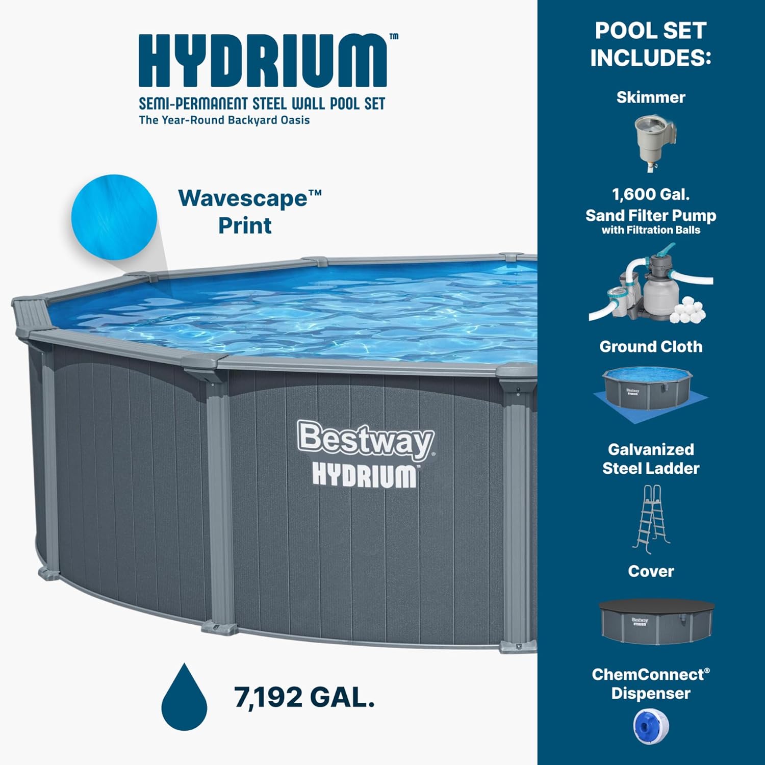 Bestway Hydrium 18' x 52" Above Ground Pool, Round Steel Side Wall Frame Outdoor Swimming Pool Set with Sand Filter Pump, Polysphere Filtration Balls, Ladder & Accessories