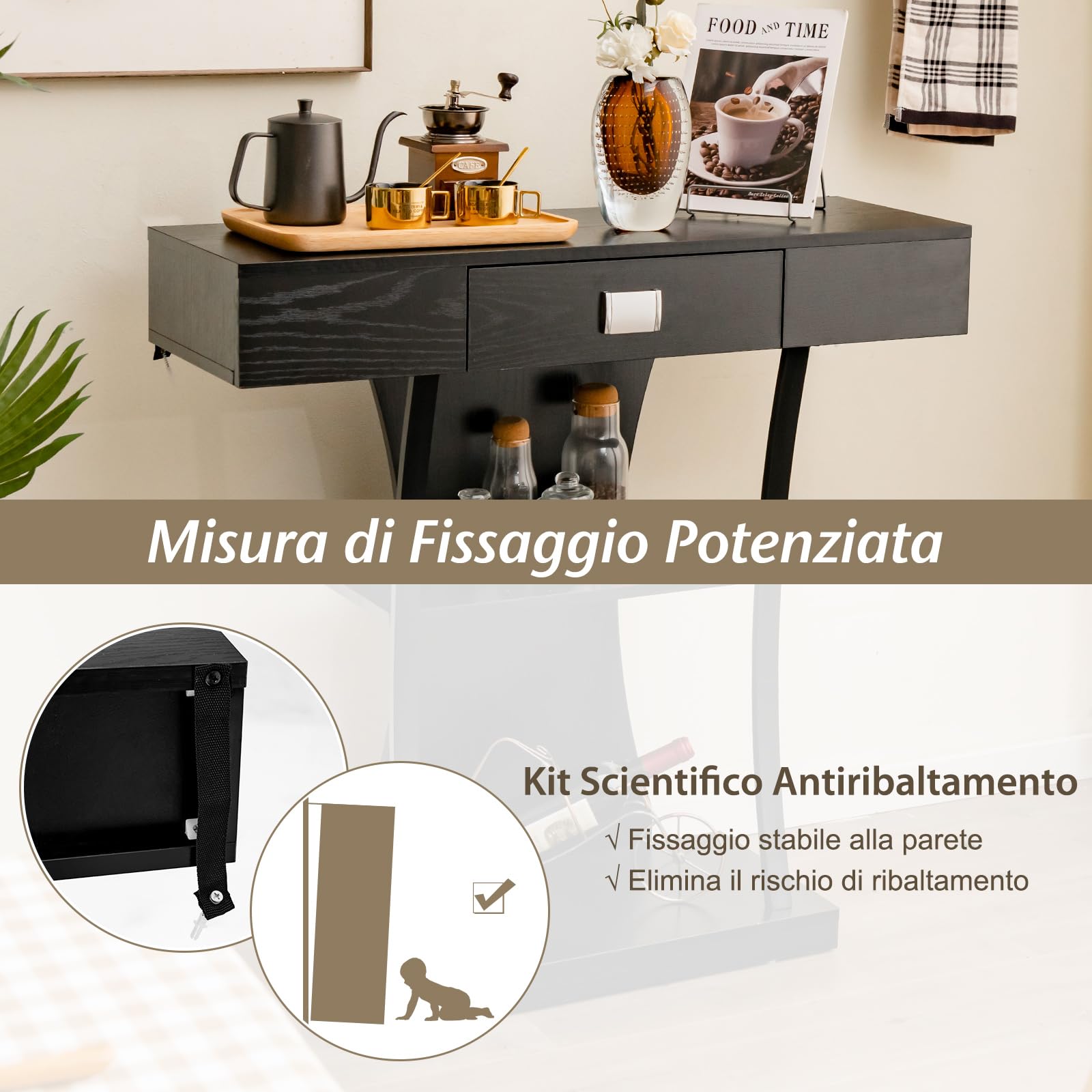 COSTWAY Consolle in Legno, Tavolo Ingresso Con Cassetti, Ripiani e 2 Kit Anti-ribaltamento, Multiuso e Salvaspazio per Salotto, Camera da Letto e Corridoio, 91 x 30 x 88 cm (Nero)