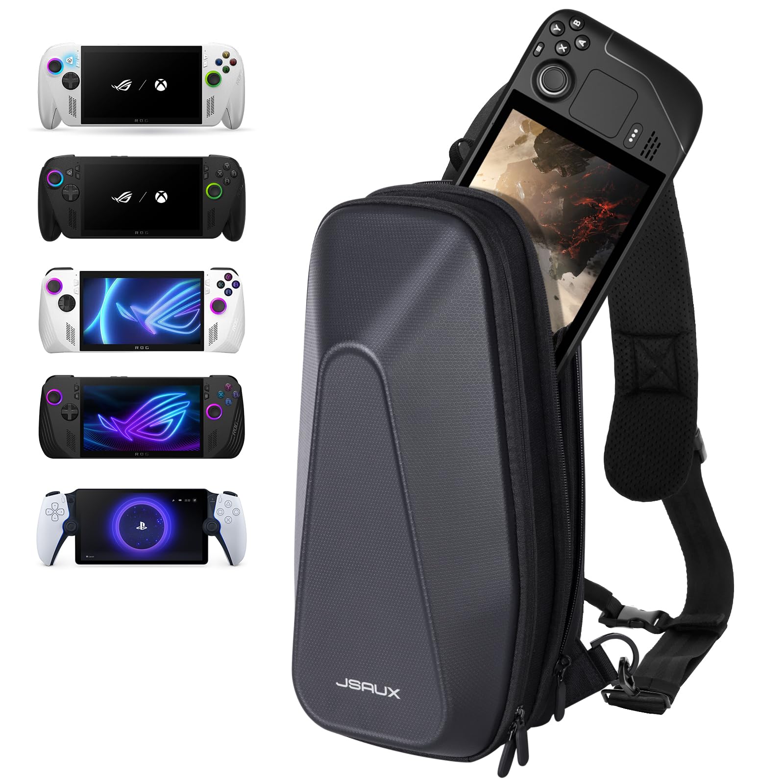 JSAUX Sling Bag for Steam Deck (OLED)/ROG Xbox Ally X (2025)/Xbox Ally/ROG Ally (X), Carry Case with EVA Hard Shell, Double-layer Case for Docking Station & Accessories, Crossbody Bag for Travel
