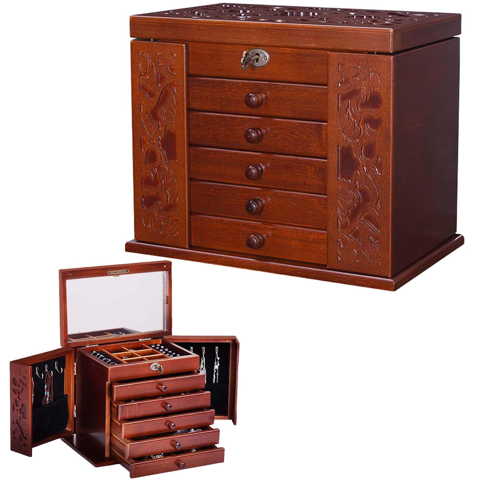EAmrfvqt Jewellery Box, Wooden Jewelry Box 31x19.5x25cm Mirror 6 Layer Lock For Women Walnut And Cherry(Walnut)