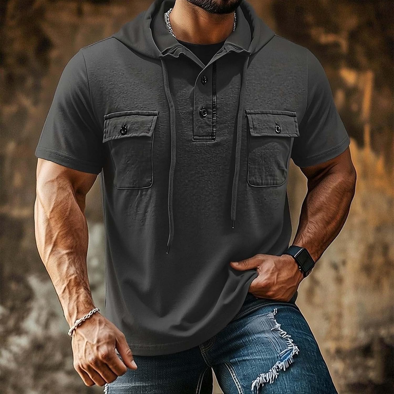 Men Short Sleeve Hoodie Cotton Henley Button Up Hooded T-Shirts Casual Pullover Sweatshirts with Pocket