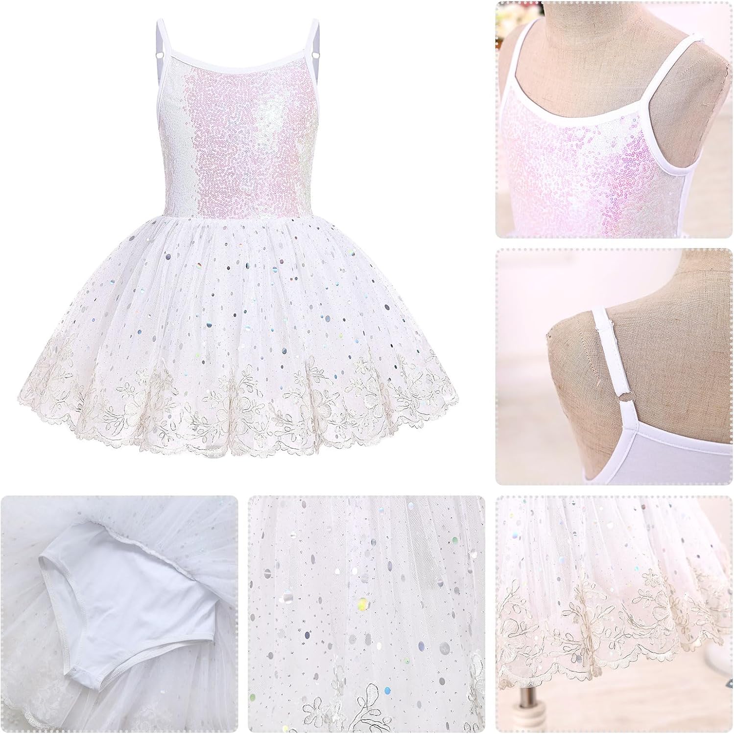 ODASDO Girls Ballet Dance Leotard, Camisole Straps Shiny Bodysuit, Gymnastics Ruffle Ballerina Classic School Dancewear
