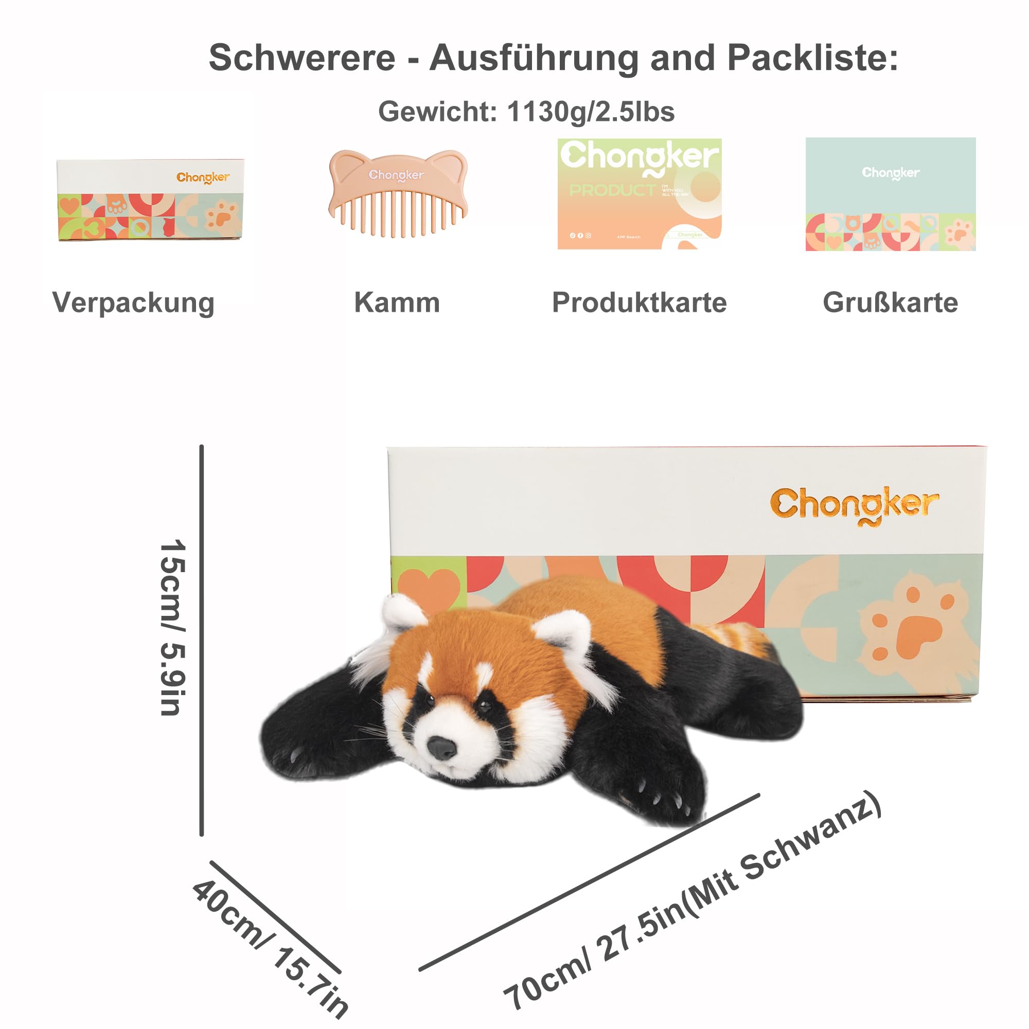 Chongker Plüsch Kuscheltier Roter Panda 70cm – Roter Panda Plüschtier für Erwachsene und Kinder – Flauschiger Stofftier Panda zum Spielen, Sammeln & Kuscheln – Gemütliches Schmusetier