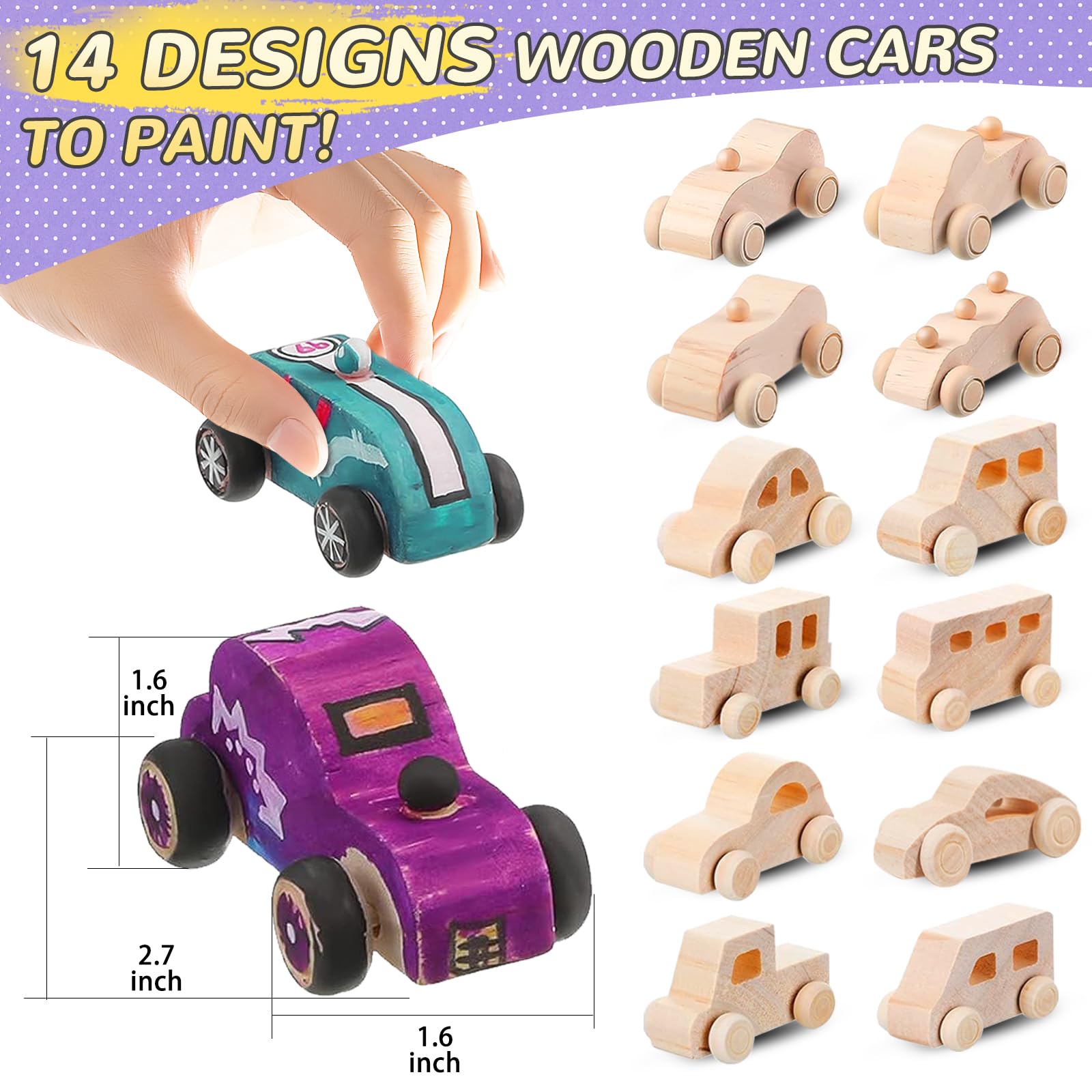 14 pezzi auto in legno da dipingere, giocattoli per pittura artigianale in legno non finito per studenti, auto da corsa, feste, bomboniere, con 3 set di vernice e 5 fogli di adesivi per auto