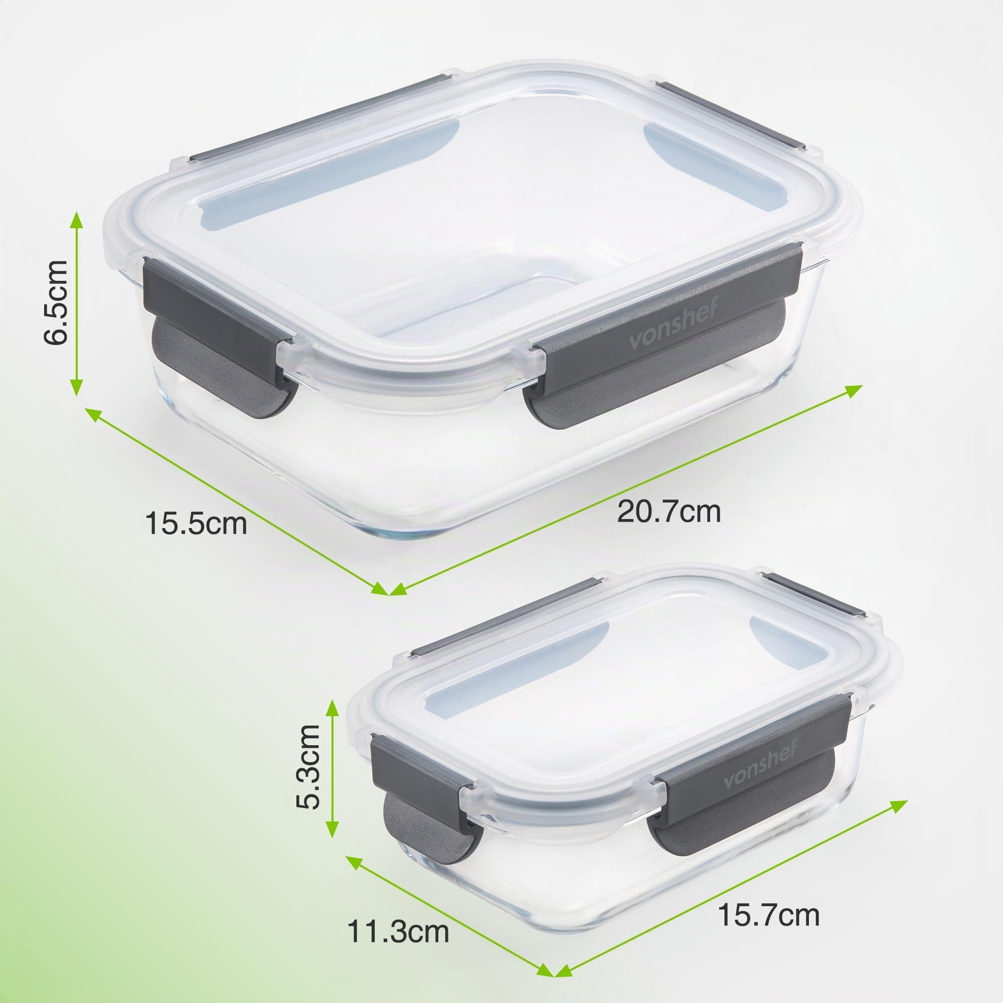 VonShef Boîtes Alimentaires en Verre- Lot de 10 Boîtes Repas 1 L et 370 ml, Hermétiques et Sans BPA, Idéales pour Meal Prep, Empilables, Compatibles Micro-ondes, Four, Congélateur et Lave-vaisselle