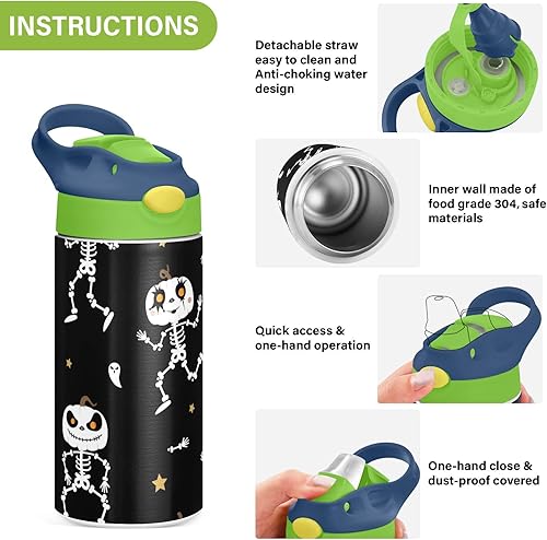 Miniatura 5 de Botella de agua de Halloween con diseño de esqueleto para niños, botellas de agua aisladas de acero inoxidable con tapa con pajilla, 12 onzas, sin