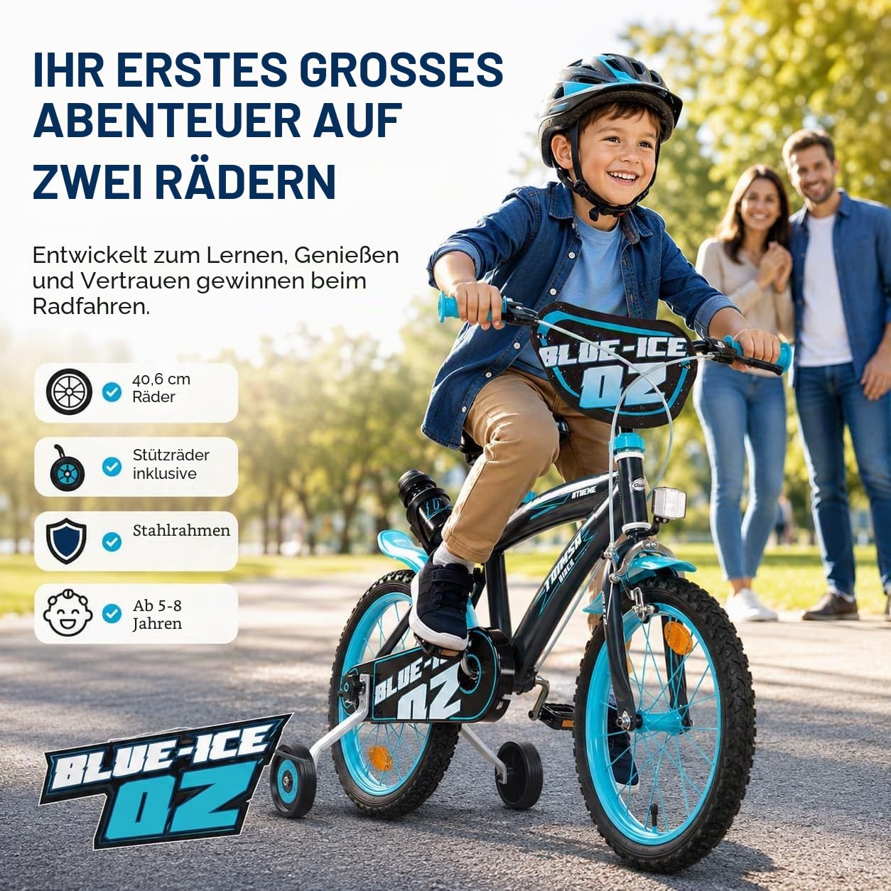 Kinderfahrrad Blue Ice 16 Zoll mit Stützrädern Trinkflasche 5-7 Jahre