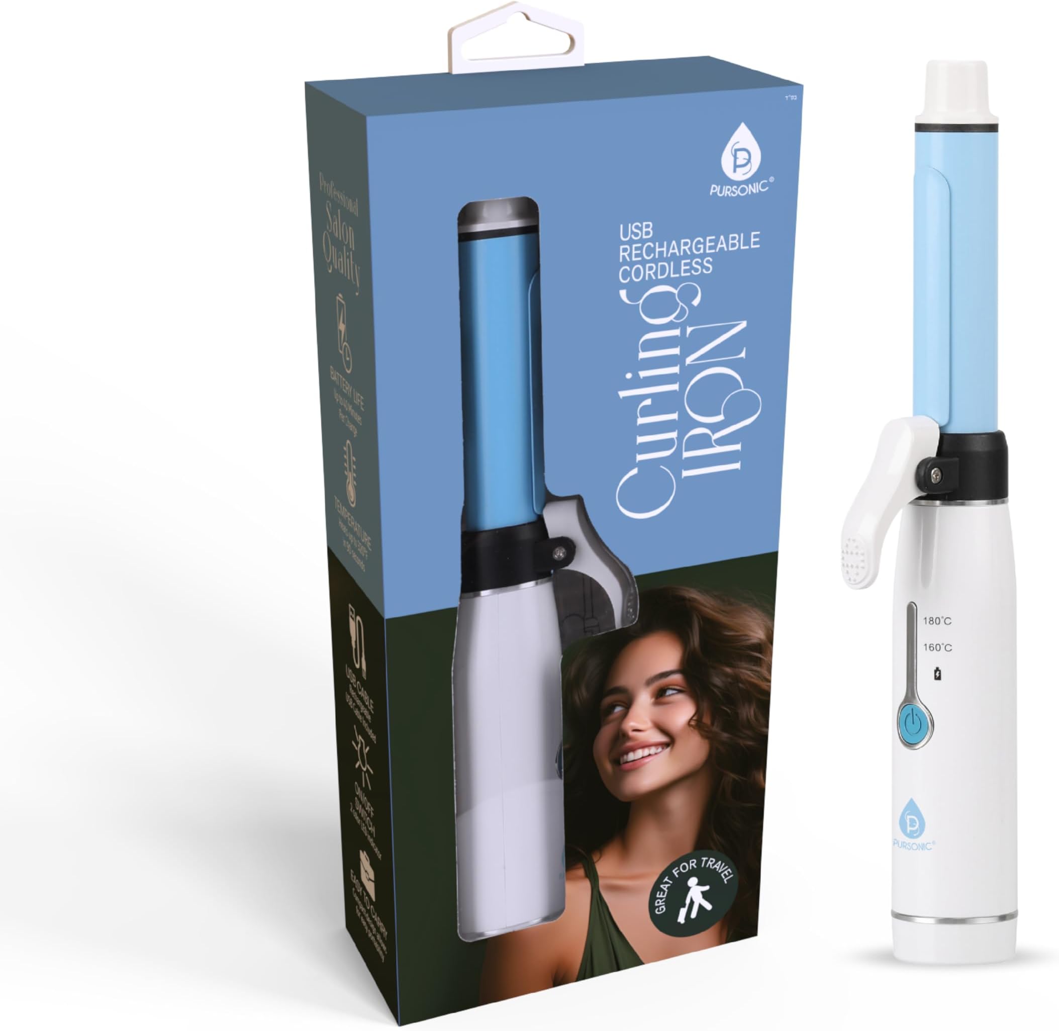 PURSONICPortable Cordless Professional Salon Quality Rechargeable USB Curling Iron, Easy to Carry, Charge Up to 40 Minutes of Use