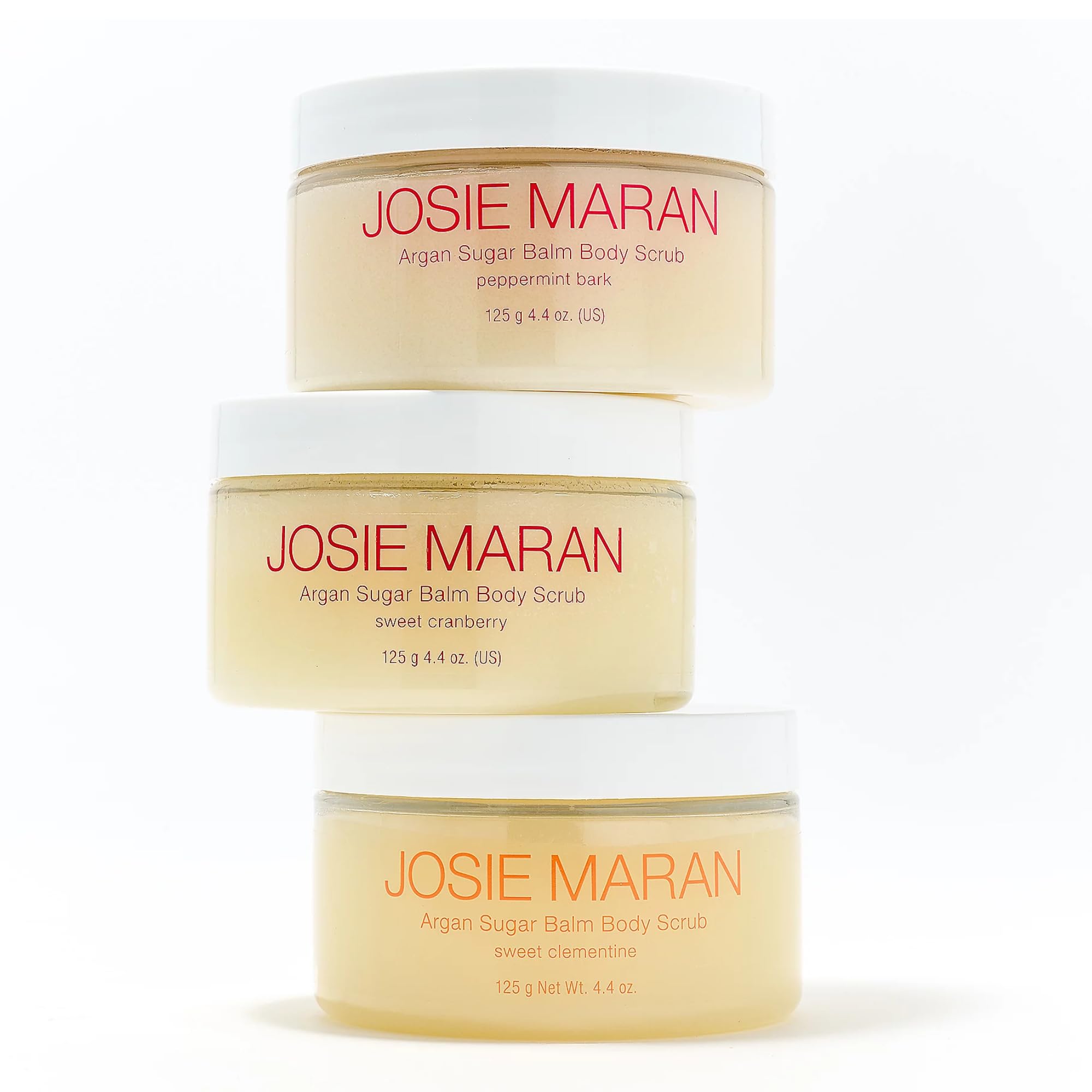 Josie MaranArgan Sugar Body Scrub Trio - 3-Piece Body Care Set - Softens, Smoothes & Hydrates Dry Skin - Includes Scents Sweet Clementine, Peppermint Bark & Sweet Cranberry (3 Count)