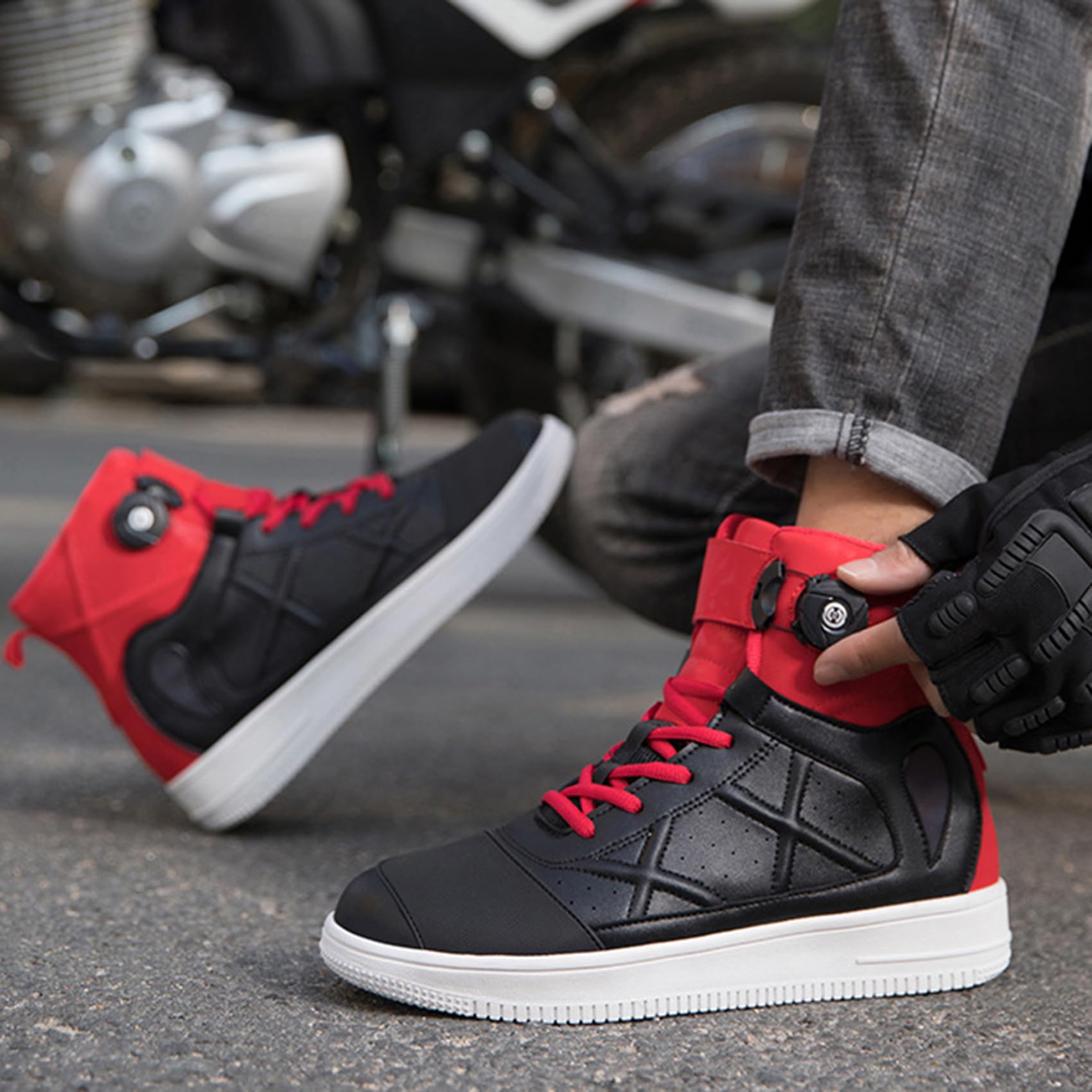 Motorradschuhe für Damen und Herren, atmungsaktive Biker-Motorradstiefel aus Leder mit Knöchelunterstützung, Wasserabweisende rutschfeste Sohlen