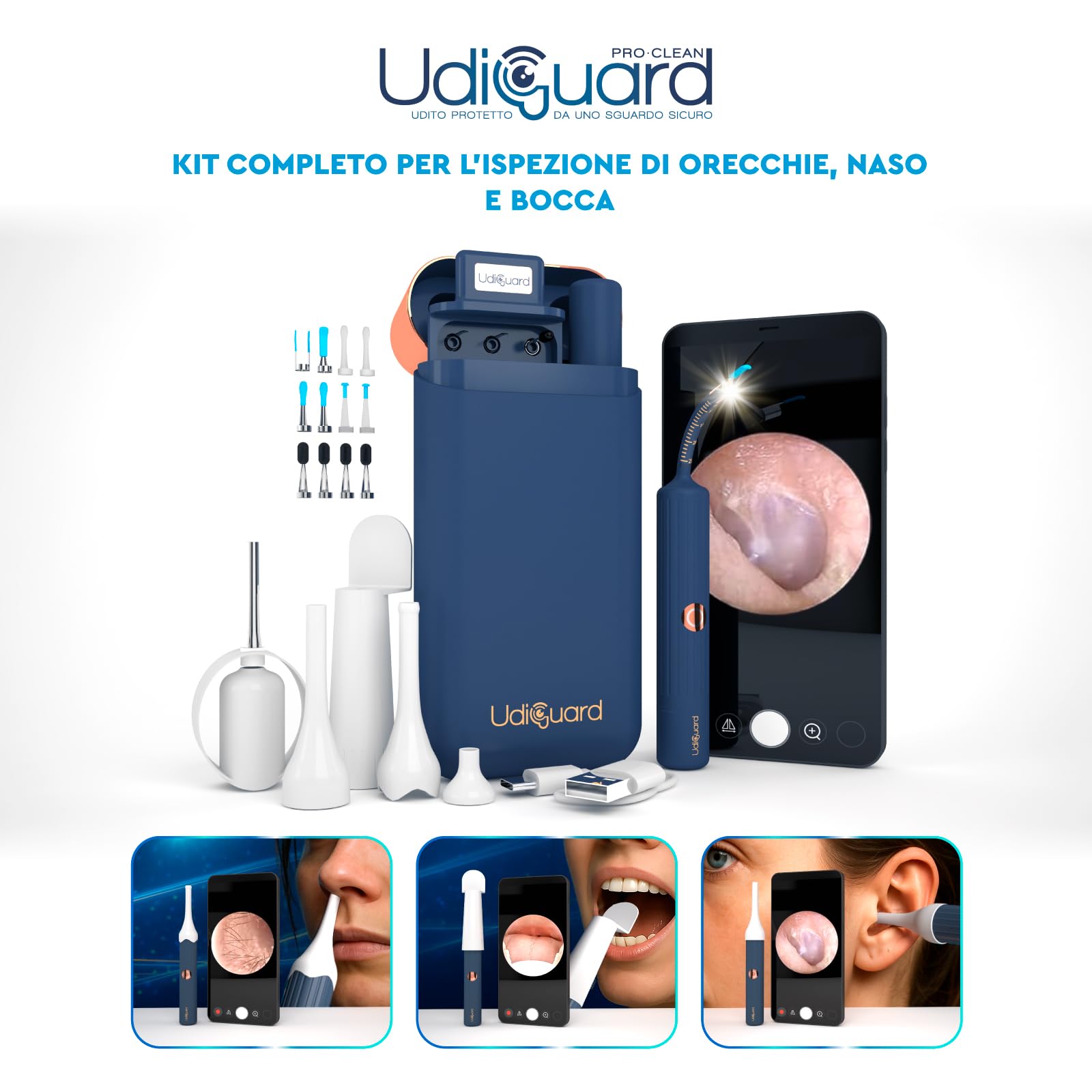 Otoscopio Pulizia Orecchie Multifunzione UdiGuard Pro-Clean - Versatile e Ideale per Pulizia e Rimozione del Cerume - Flessibile Impermeabile Digitale con Corpo in Silicone e Telecamera HD