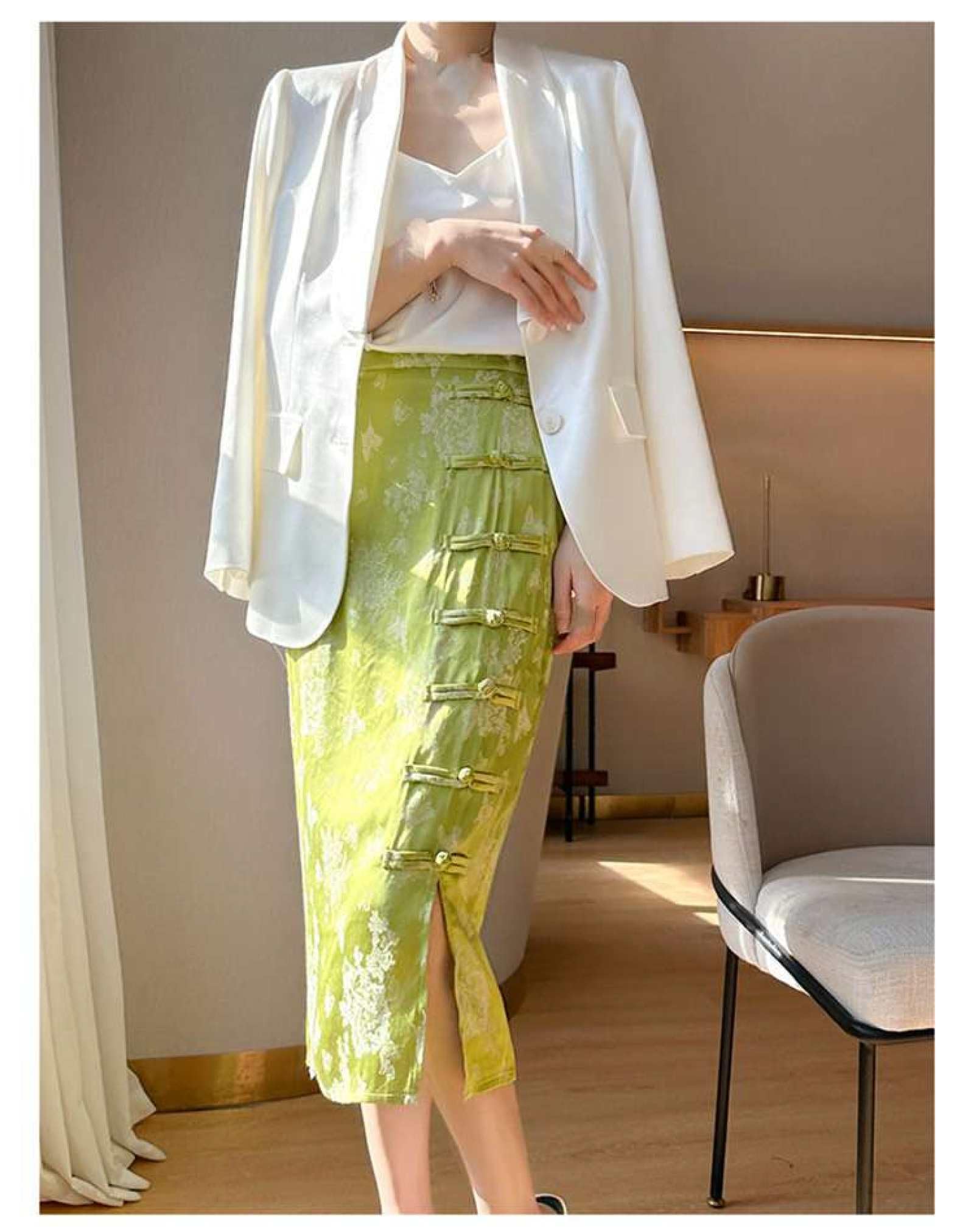 Jupe Droite en Satin De Soie pour Femme - Été Mi-Longue Taille Haute Jacquard Rétro Style Chinois Boucle Cheongsam Jupe Fendue À La Hanche, Jupe Drapée Souple Et Soyeuse À La Mode,Vert