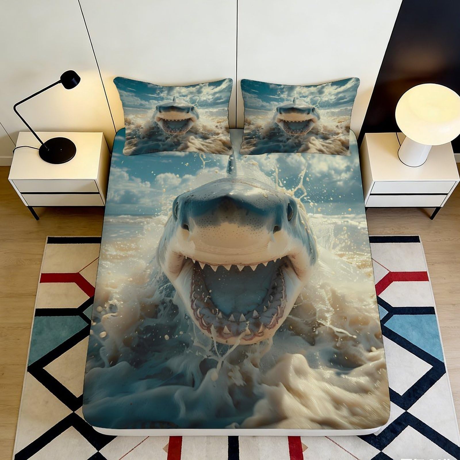 3D Printed Shark Pattern Fitted Sheet Microfiber Soft Durable Ocean Design Bed Sheet for Bedroom Dormitory Guest Room Mattress Protection 160x200x25cm