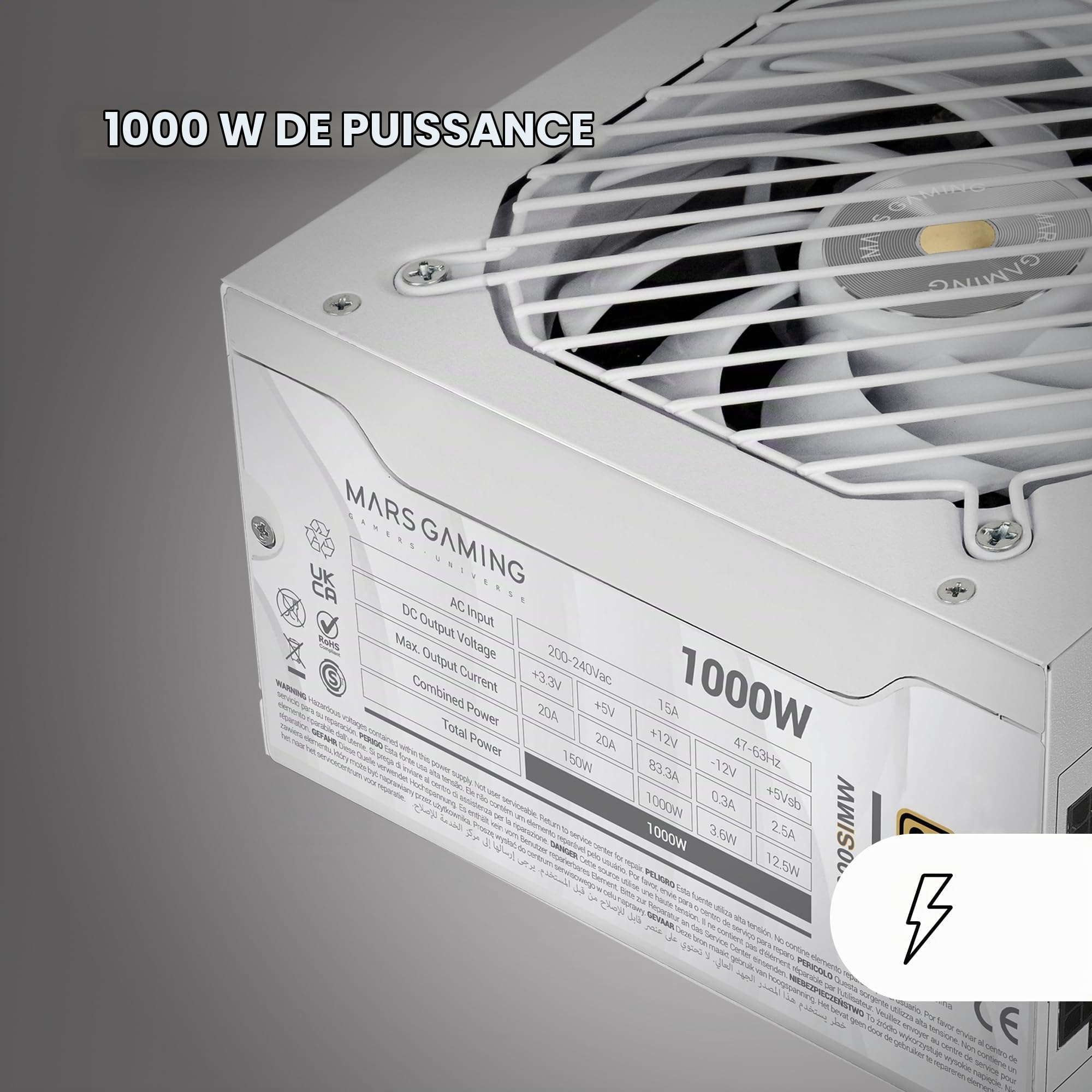 MARS GAMING MPB1000SIM, Bloc d'alimentation Full Modular ATX 1000W, 7 Ans Garantie, 80Plus Gold 90%, Ventilateur SI Extreme Silence 140mm, Technologies AI2-RPM, Condensateurs Japonais, Blanc