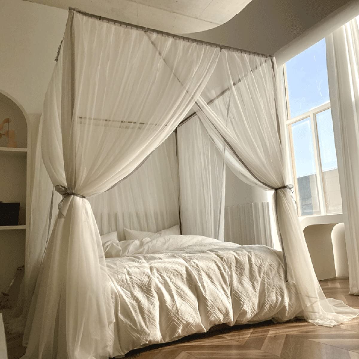Rideau en Polyester Blanc OKUOKA avec Poteau à 4 Coins en Acier Inoxydable pour Lit Baldaquin
