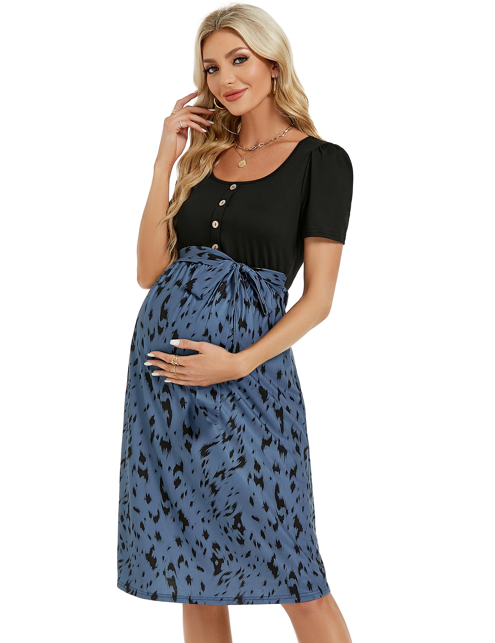 YesFashion Robe de grossesse d'été pour femme - Manches courtes - Taille haute - Col carré - Robe de grossesse décontractée avec ceinture (emballage réutilisable)