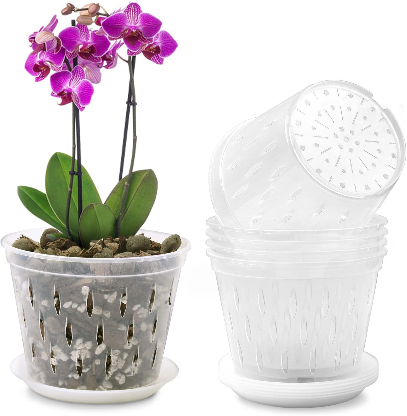 Orchid Pot, 6 Pack 5 Inch Clear Plastic Pots with Holes and Saucers