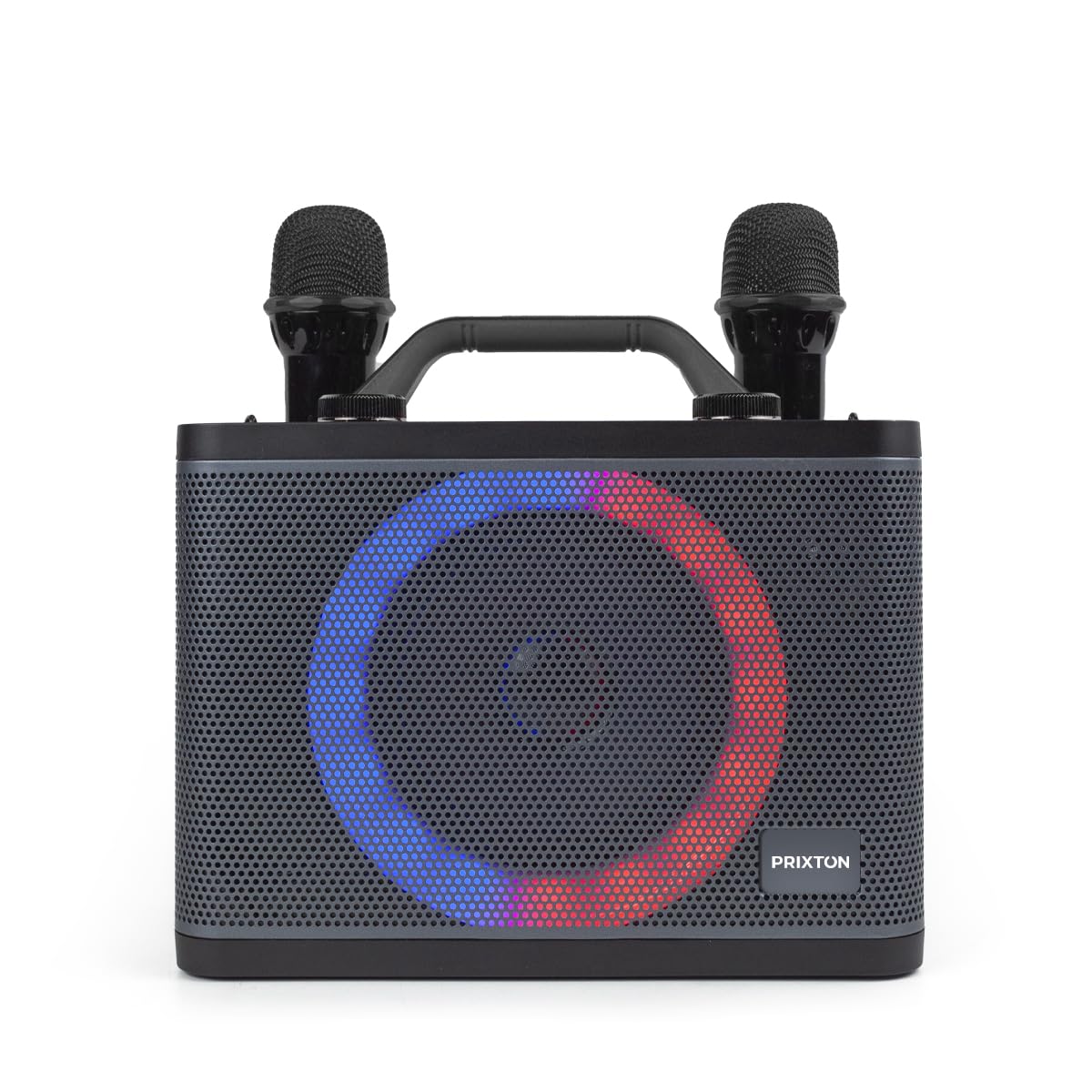PRIXTON Karaoke Portátil PartyGO con 2 Micrófonos, Altavoz de Gran Potencia para Fiestas con Bluetooth/​USB/​AUX/​SD, Luz LED Multicolor RGB, Autonomía 4h, Negro