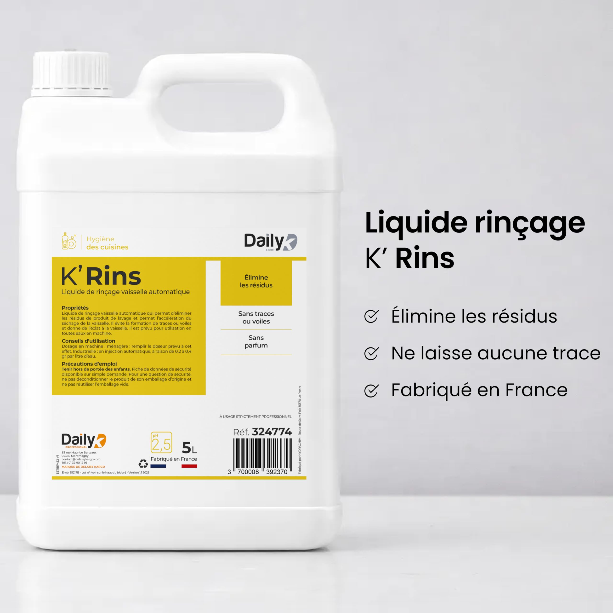 Liquide Rinçage Lave-Vaisselle Bidon 5L K’RINS - Compatible Tous Lave-Vaisselle - Séchage Rapide, Sans Traces, Haute Brillance - Idéal Usage Professionnels Et Particuliers - Made in France