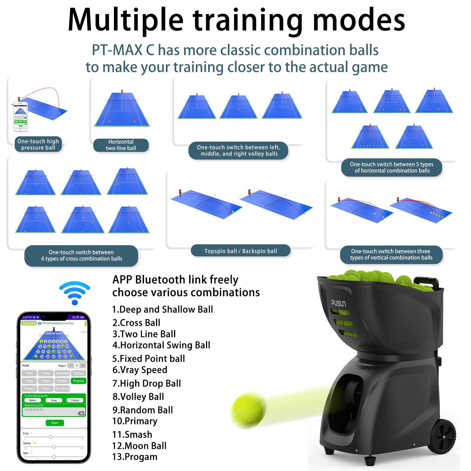 Genérico PT-MAX C Máquina Lanzadora de Tenis - 28 Puntos de Caída, 26 Modos, Control por App, Velocidad Variable 2.5s, Función Aleatoria, Batería 7h, Entrenamiento Profesional (Blanco)