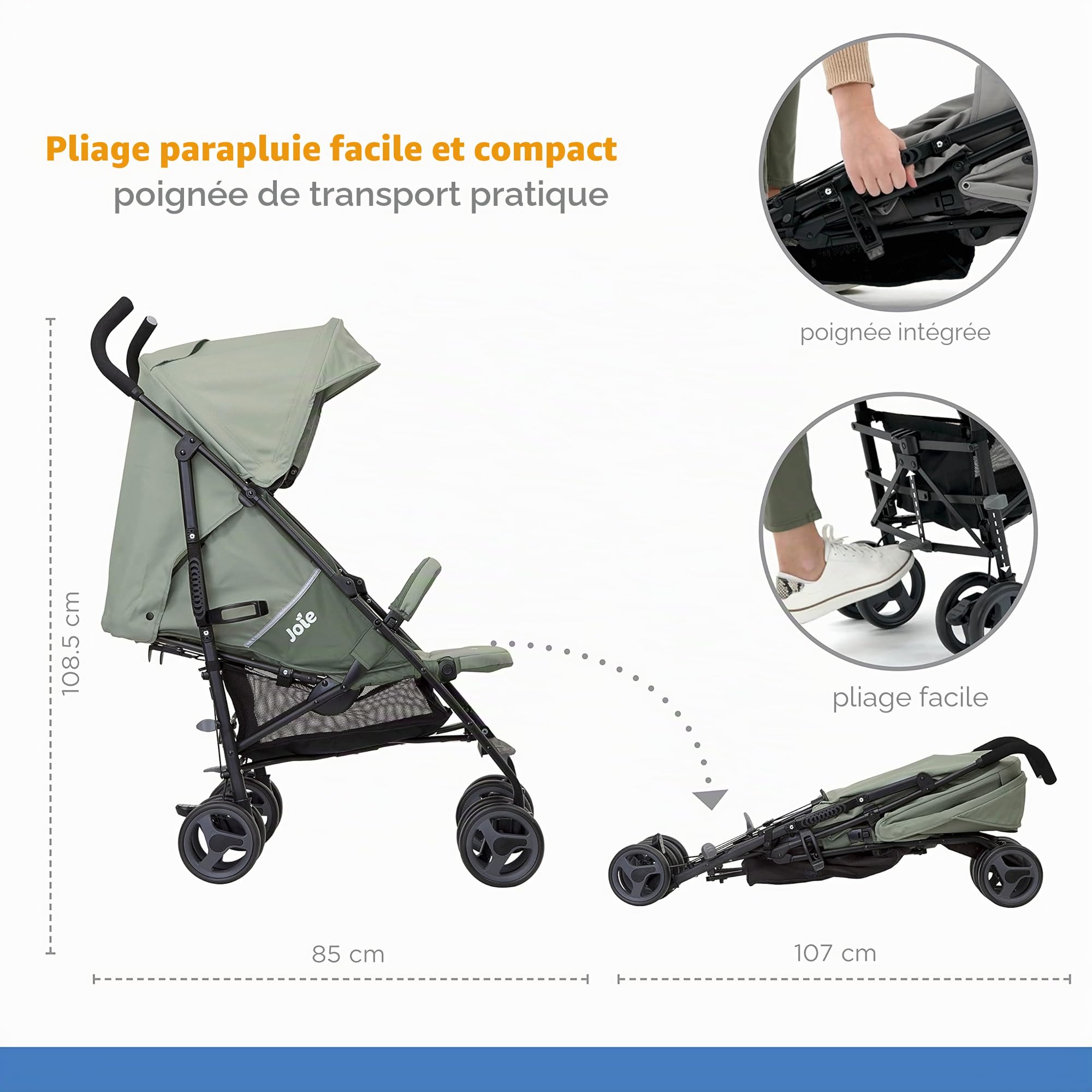 Joie Nitro LX Poussette Canne Légère et Compacte, Poussette Voyage Pliable 7,7 kg, Dossier Inclinable Position Allongée, Suspension Intégrale, Vert Laurier