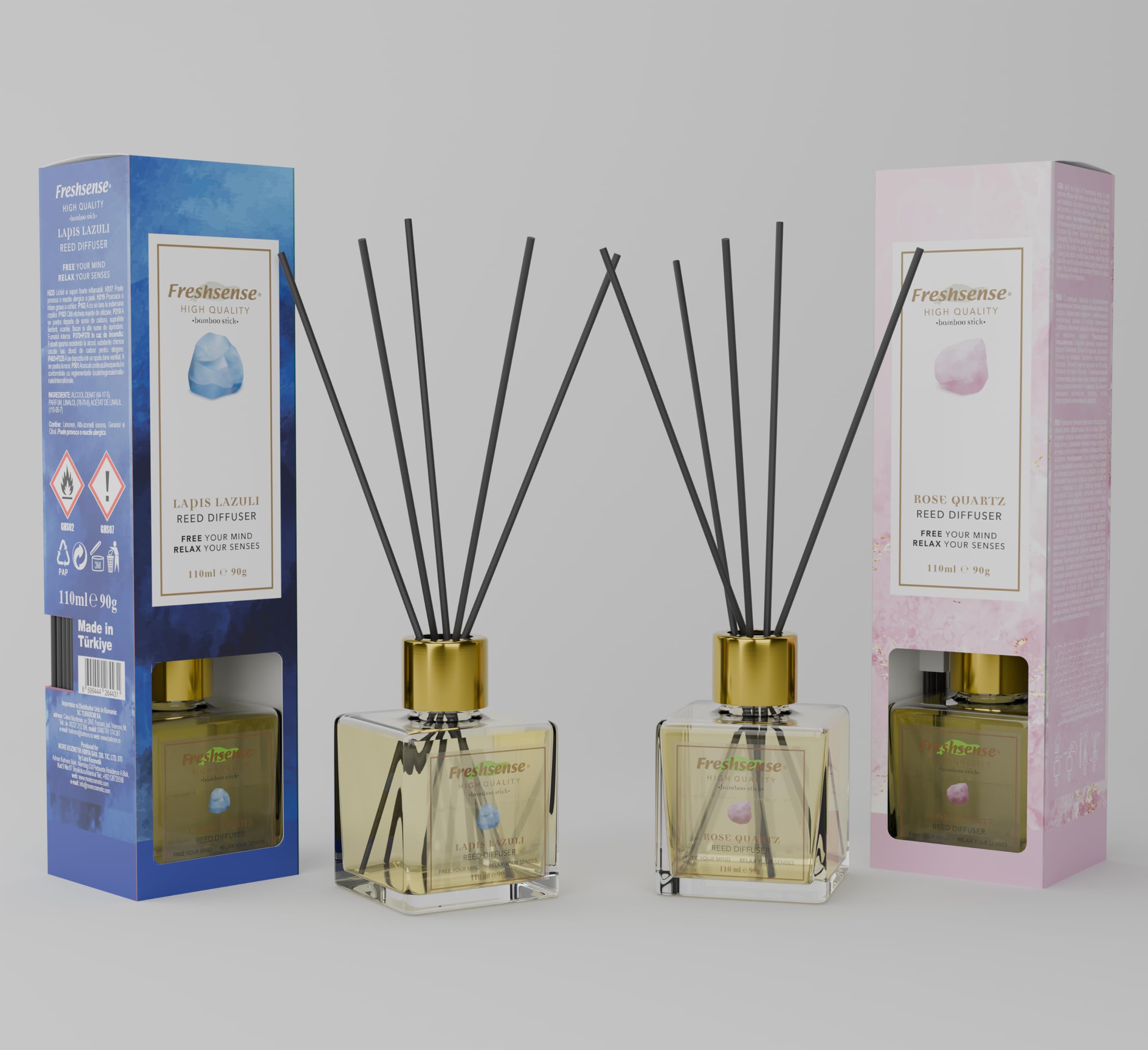 ROSE QUARTZ - LAPIS LAZULI Reed Diffuser (110ml x 2) – Air Freshener | FRESH SENSE | Aromatherapy Essential Oil Diffuser Home, Office, Toilet & Bathroom | Elegant Home Decor | Beauty of Rare Gemstones