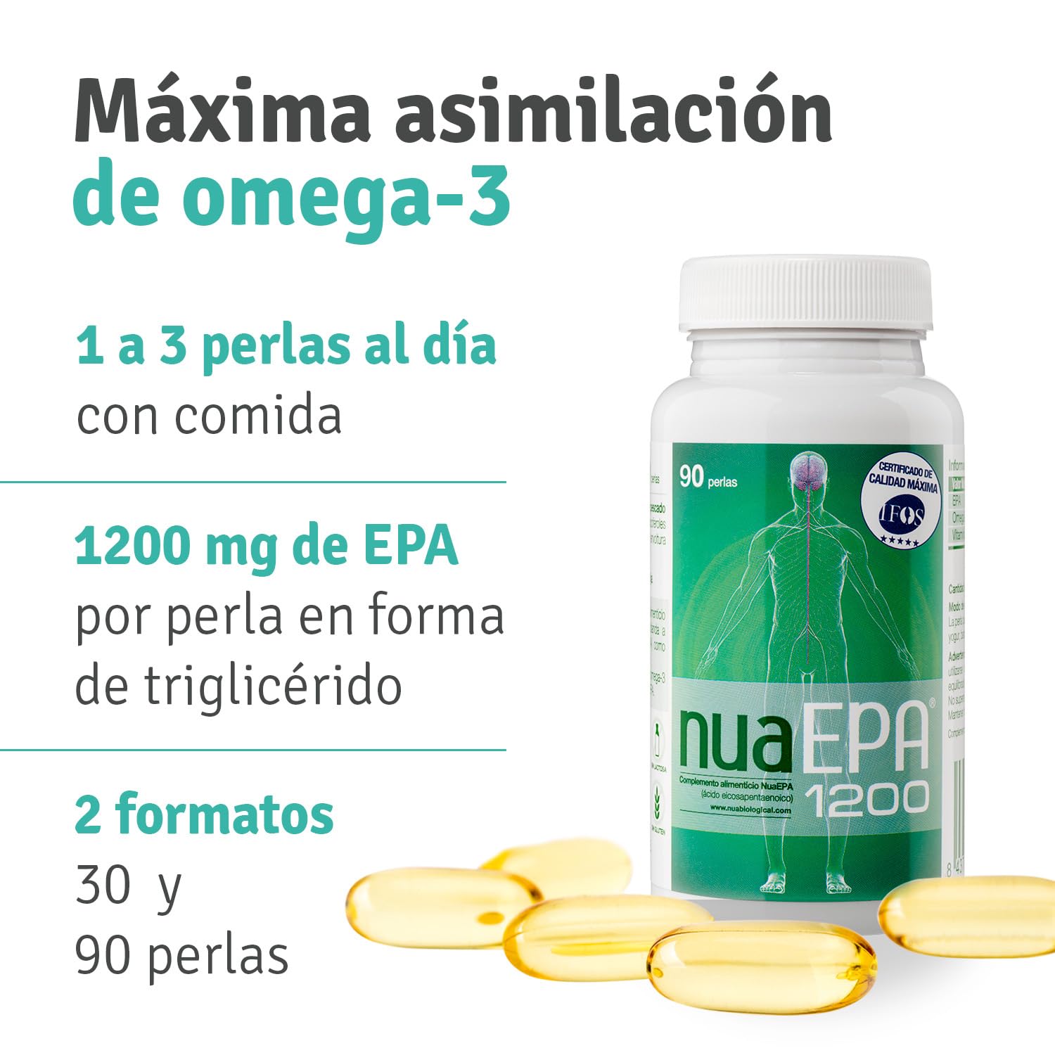 Nua Biological - NuaEPA 1200 - Complemento Alimenticio a base de EPA (Ácido eicosapentaenoico) - Omega 3 Marino de Pescado Azul - 90 cápsulas en forma de triglicérido (1200mg EPA puro/perla)