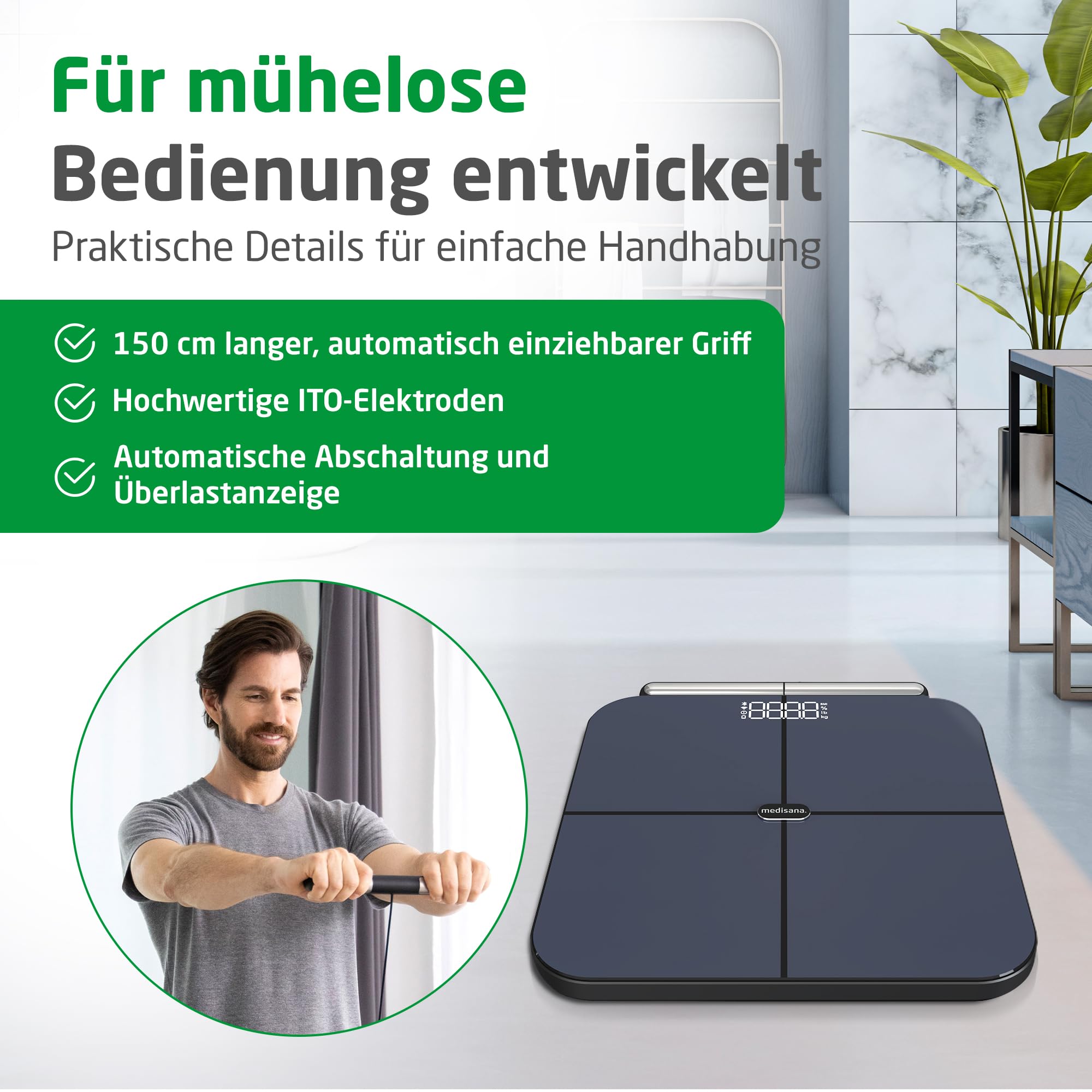 medisana BS 850 connect Körperanalysewaage mit Handsensoren, Körperwaage mit 8 Elektroden, Messung von Gewicht, Körperfett, Muskelmasse etc., Personenwaage smart mit App-Anbindung