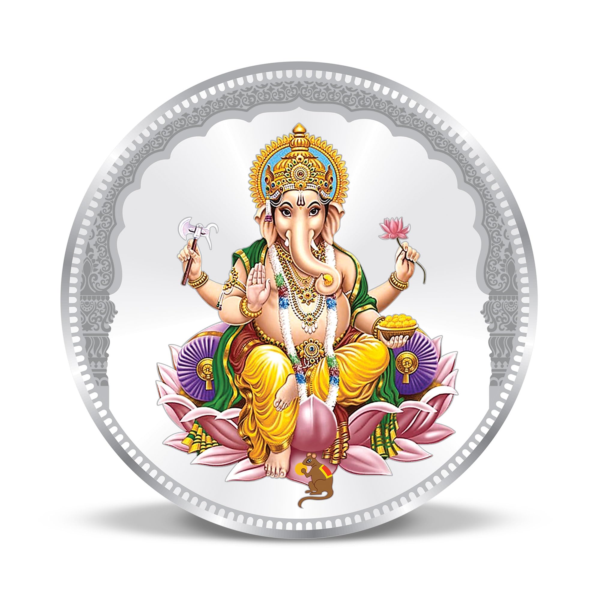 Precious Moments BIS Hallmarked Round Shape Ganesh ji Colour Silver Coin Available In 10/20/50/100 Gram.