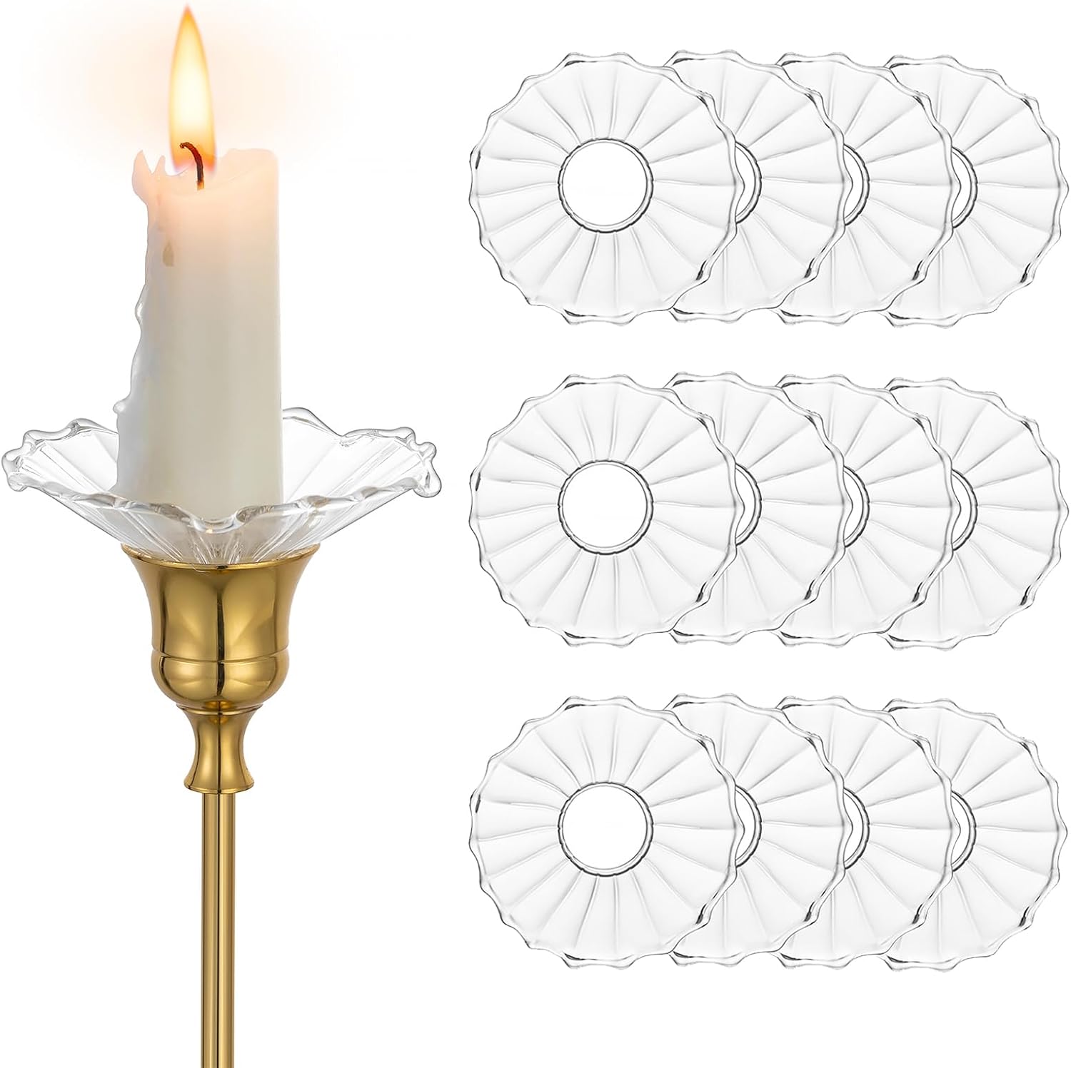 Hewory Glass Bobeches for Candlestick Holders: 12 Pcs Ribbed Candle Drip Protectors Candle Rings for Tapers, Candle Drip Catcher for Candle Stick Holder for Wedding Party Church Home (Scallop, Clear)