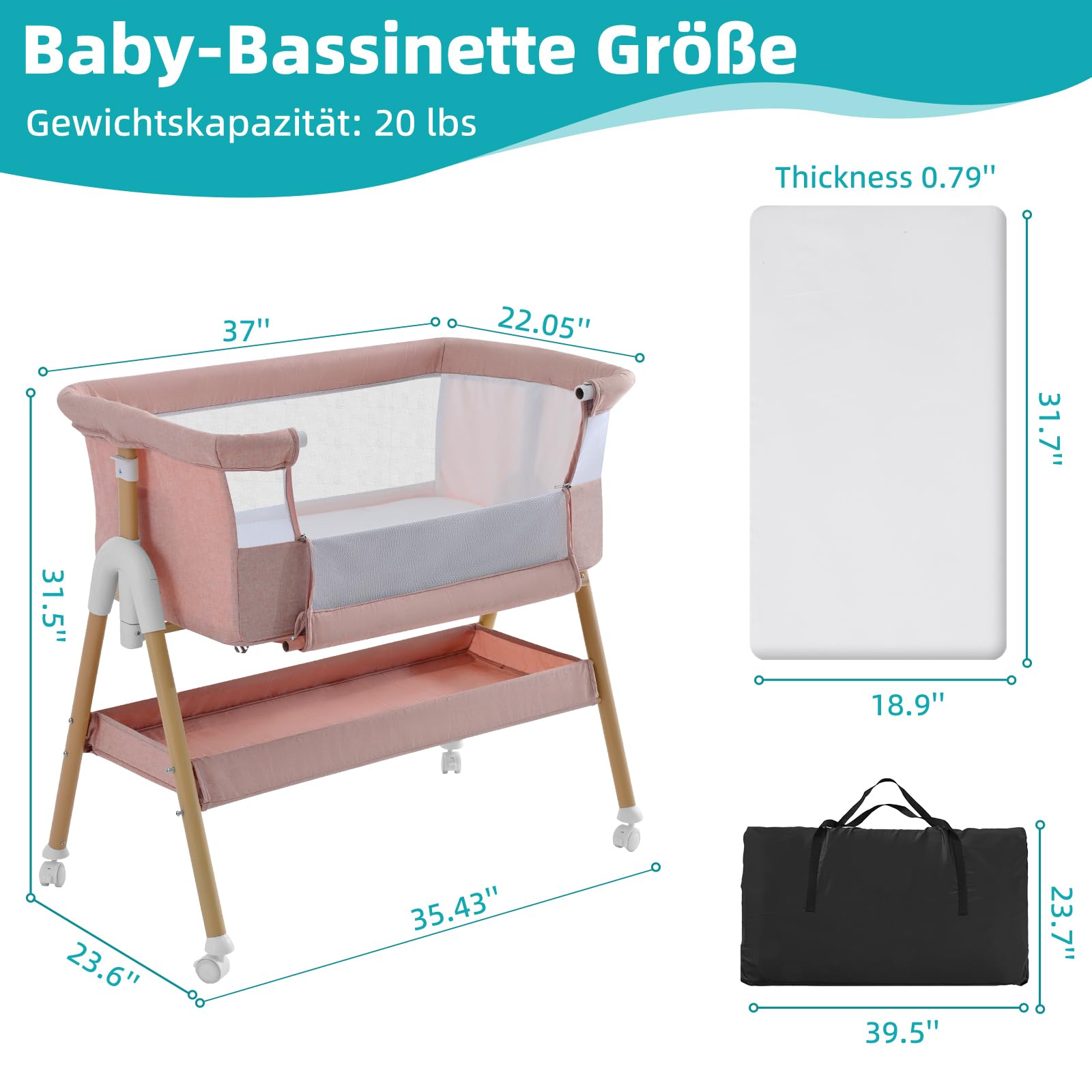 Beistellbett Baby 3 in 1 Tragbar Reisebett mit Matratze Höhenverstellbar Verstellbare Höhe & Neigung 6 abschließbare Räder Baby Co-Sleeper für Neugeborene Kleinkind Rosa